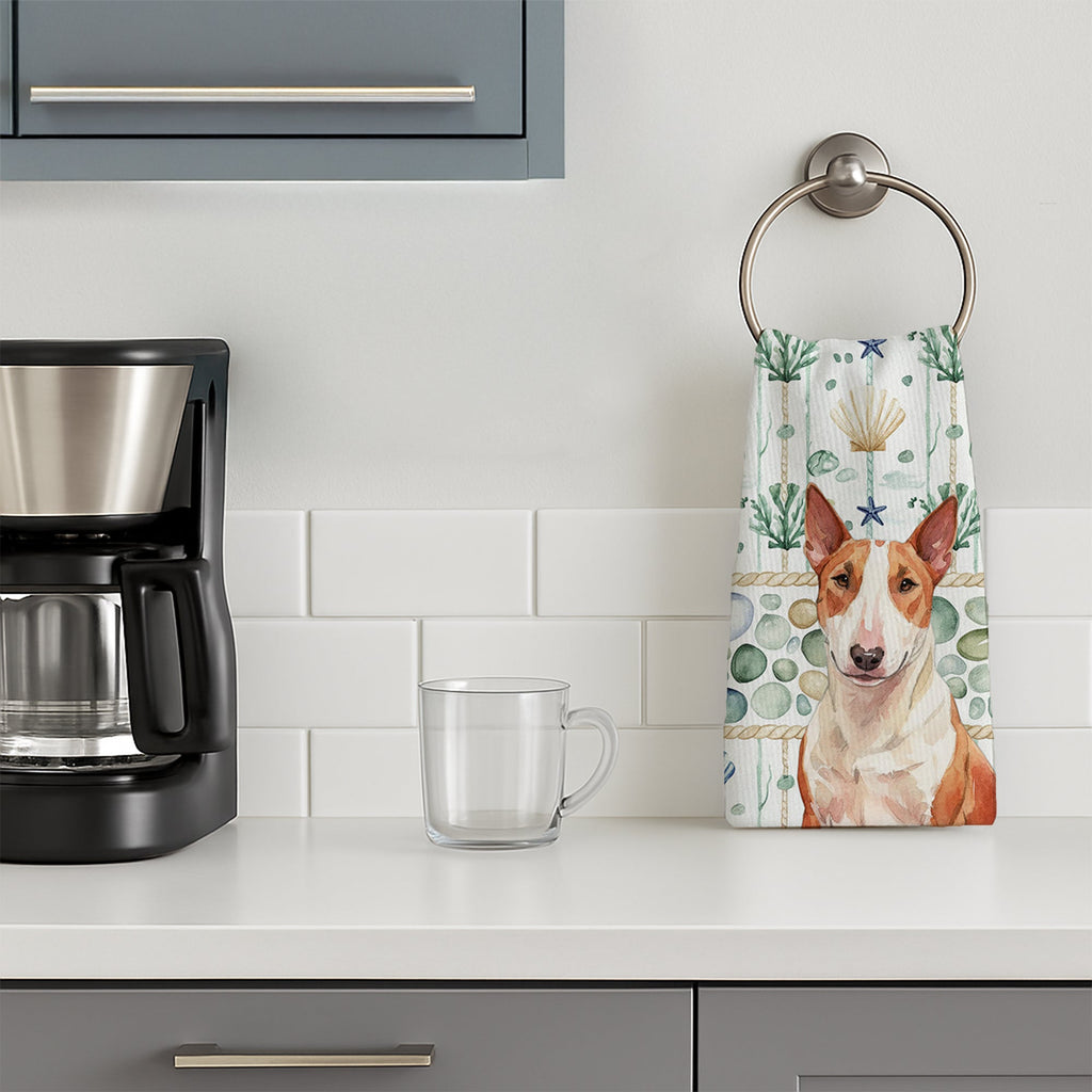 Red and White Bull Terrier Coastal Sea Glass Kitchen Towel Velour Plush Front and Cotton Loop Back Machine Washable
