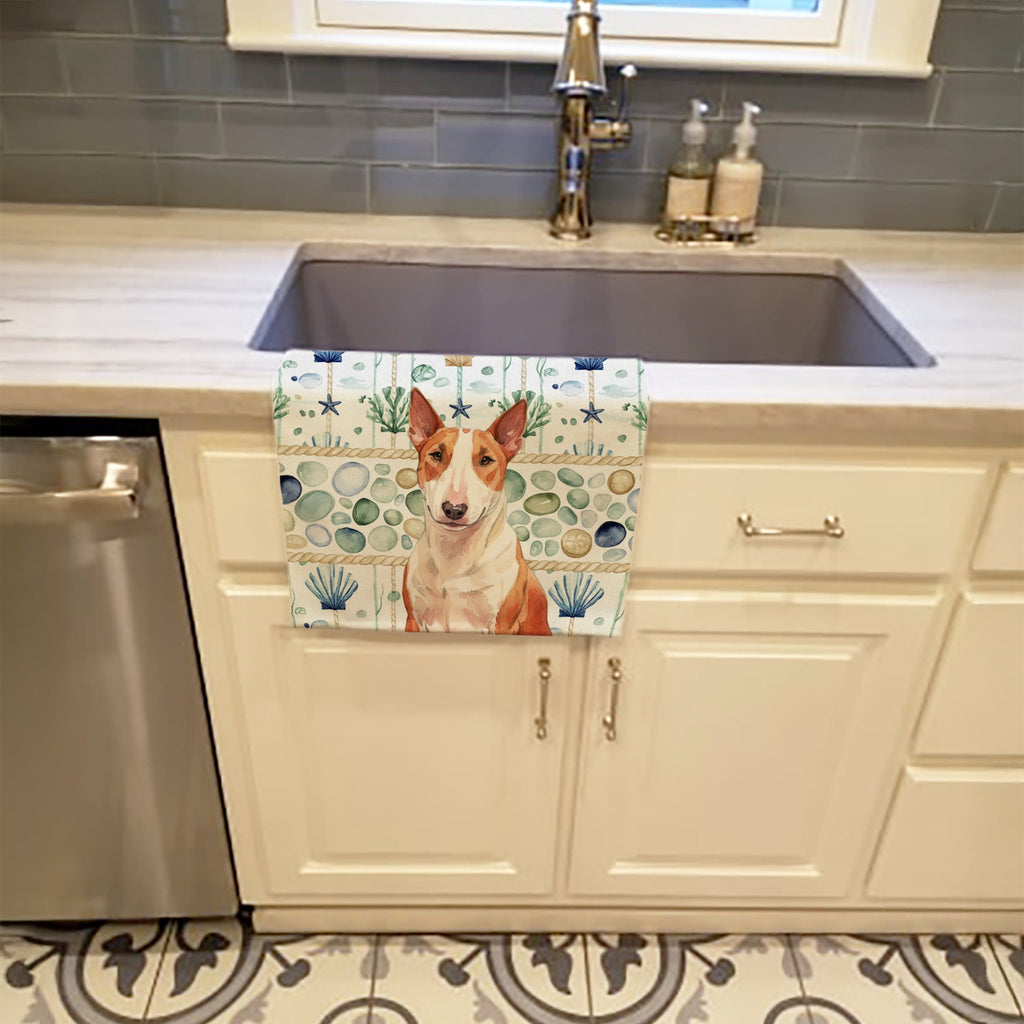 Red and White Bull Terrier Coastal Sea Glass Kitchen Towel Velour Plush Front and Cotton Loop Back Machine Washable