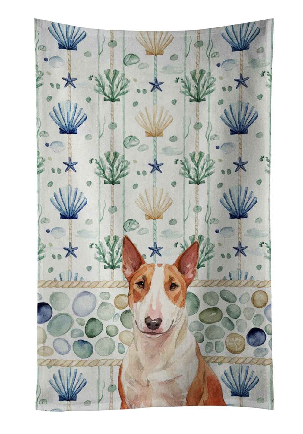 Red and White Bull Terrier Coastal Sea Glass Kitchen Towel Velour Plush Front and Cotton Loop Back Machine Washable