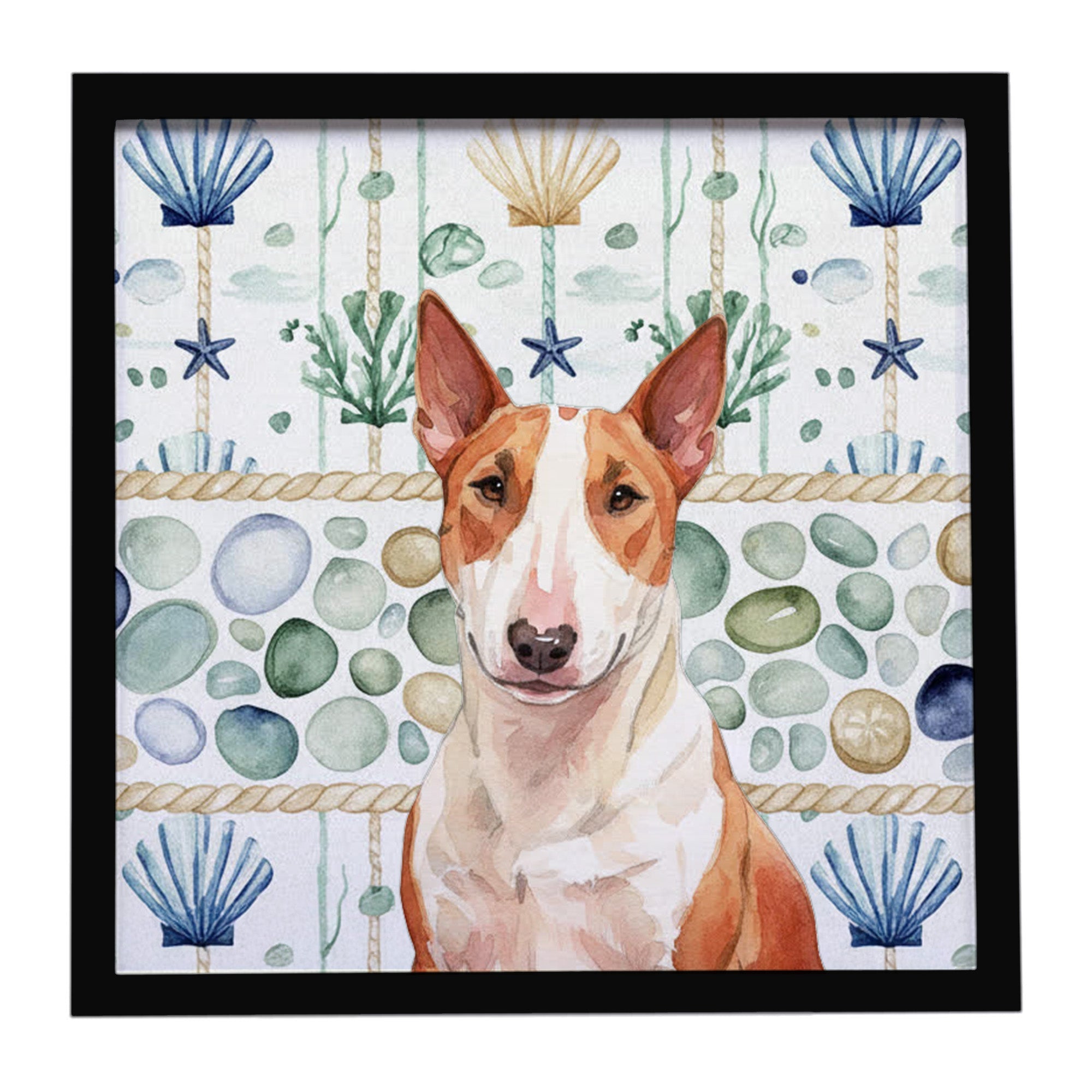 Red and White Bull Terrier Coastal Sea Glass Framed Metal Print Bathroom, Kitchen, Office, Home Decor Wall Art Ready to Hang, Square, 8X8