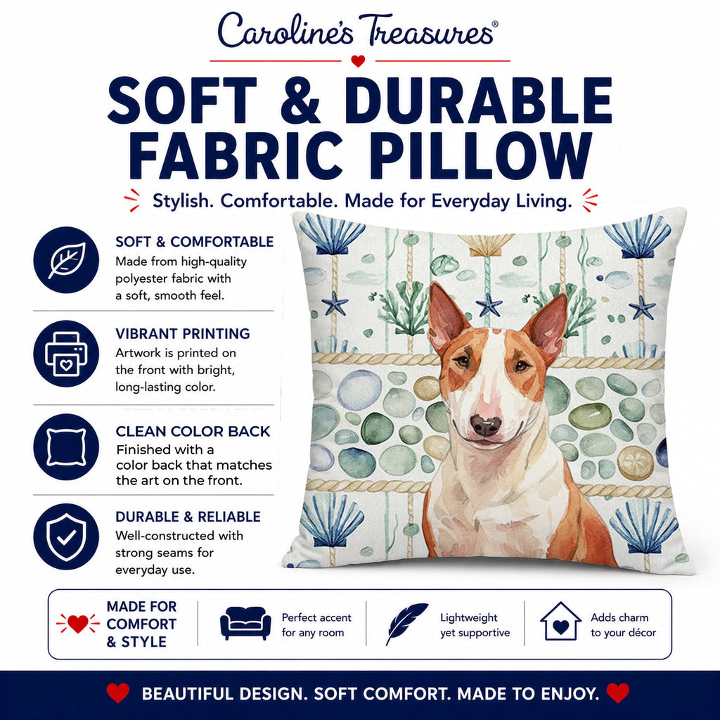 Red and White Bull Terrier Coastal Sea Glass Decorative Throw Pillow 18x18 Indoor Outdoor Accent Cushion, Fabric Cover with Insert for Sofa, Bed, Porch & Living Room