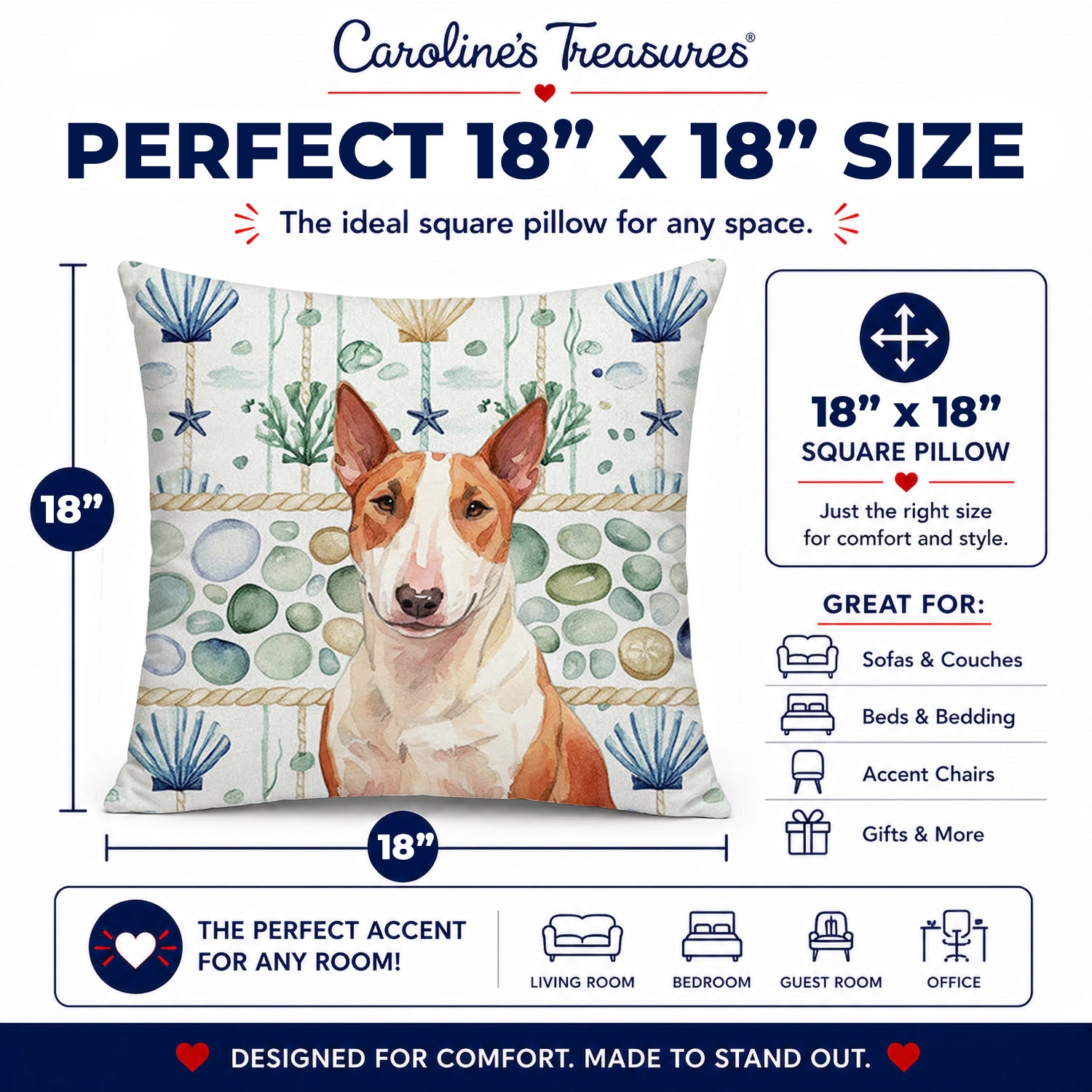 Red and White Bull Terrier Coastal Sea Glass Decorative Throw Pillow 18x18 Indoor Outdoor Accent Cushion, Fabric Cover with Insert for Sofa, Bed, Porch & Living Room