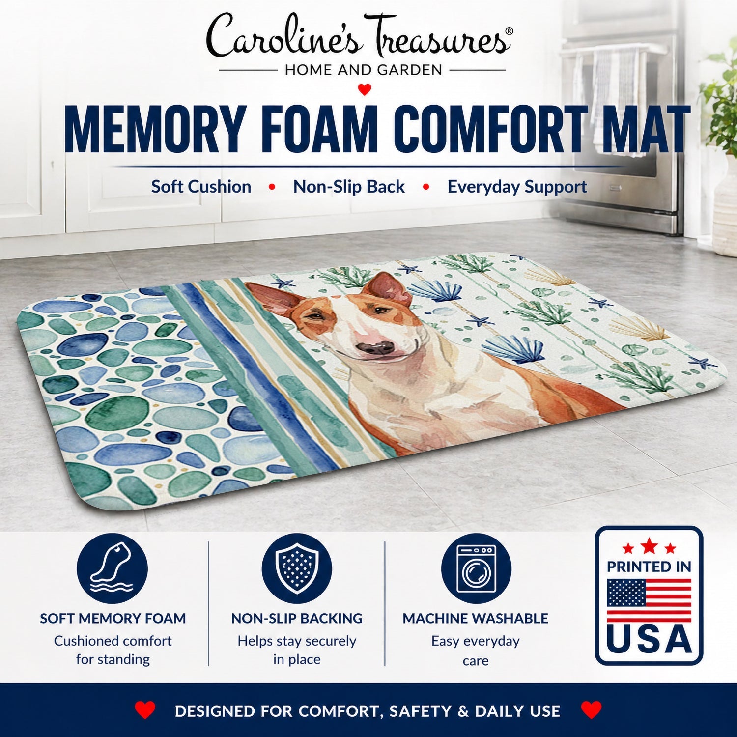 Red and White Bull Terrier Coastal Sea Glass Memory Foam Kitchen Mat Machine Washable Anti-Fatigue Cushion Comfort Bath or Kitchen Rug
