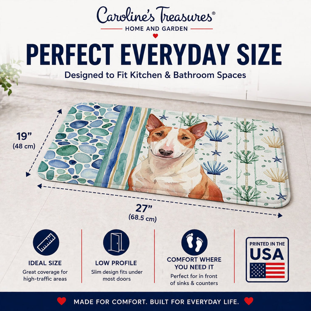 Red and White Bull Terrier Coastal Sea Glass Memory Foam Kitchen Mat Machine Washable Anti-Fatigue Cushion Comfort Bath or Kitchen Rug