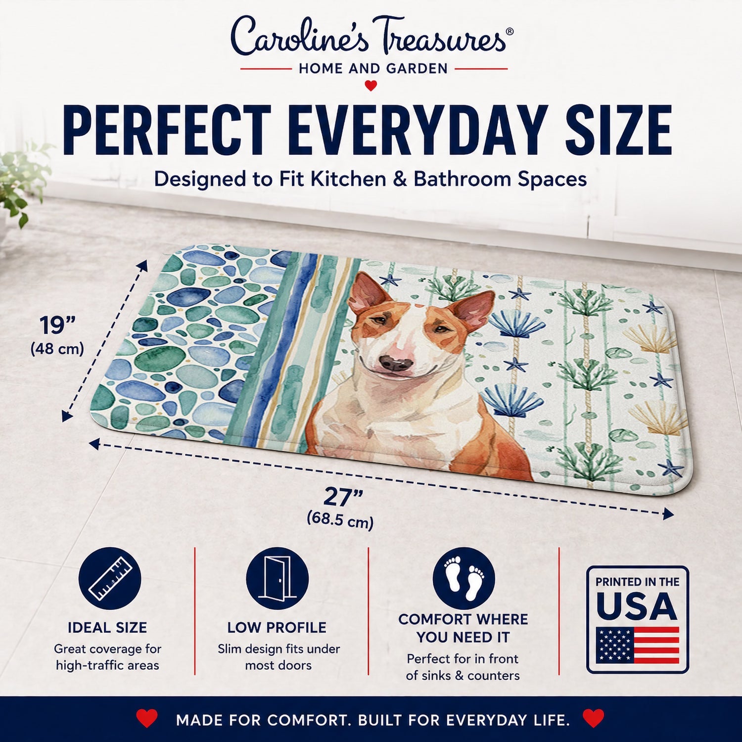 Red and White Bull Terrier Coastal Sea Glass Memory Foam Kitchen Mat Machine Washable Anti-Fatigue Cushion Comfort Bath or Kitchen Rug