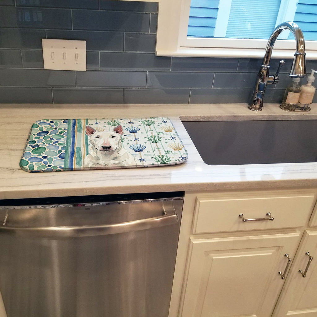 White Bull Terrier Coastal Sea Glass Dish Drying Mat Absorbent Dish Drying Mat Pad for Kitchen Counter Dish Drainer Mat for Countertop, 14 x 21", Multicolor