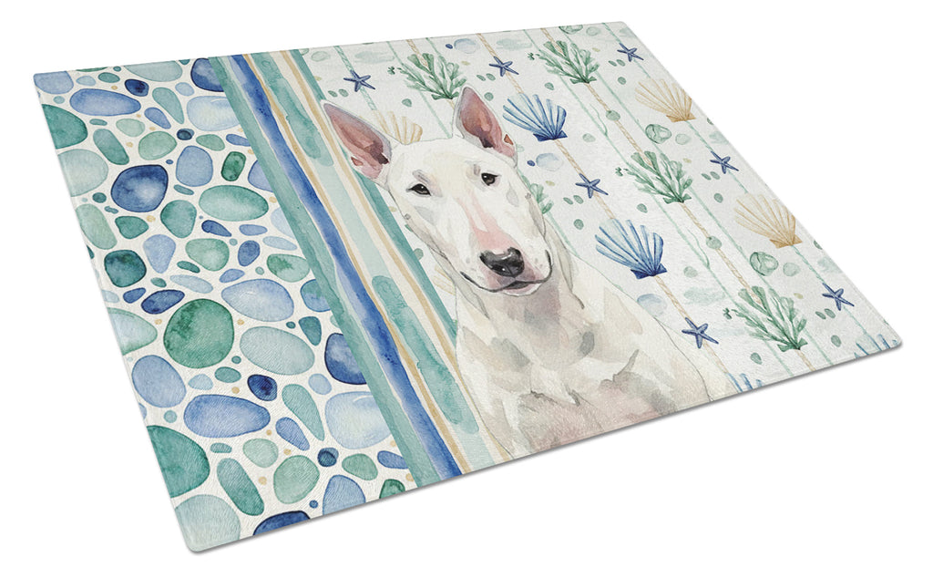 White Bull Terrier Coastal Sea Glass Cutting Board Tempered Glass Kitchen Cutting Surface, Heat Resistant Chopping, Non-Slip Feet, Food Prep & Serving