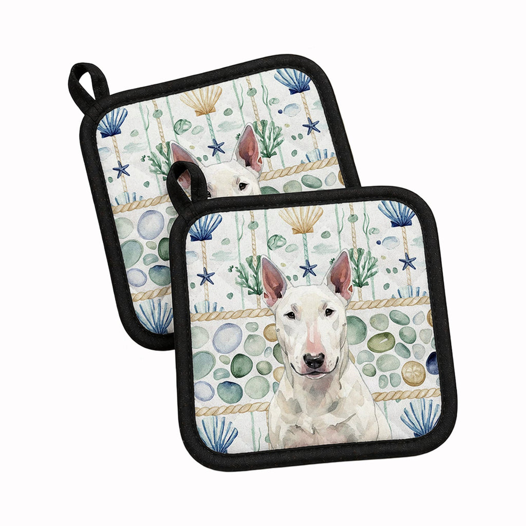 White Bull Terrier Coastal Sea Glass Pot Holder Set of 2 Heat Resistant Quilted Hot Pads 7.5 x 7.5 Inch, Insulated Kitchen Trivets for Cooking & Baking