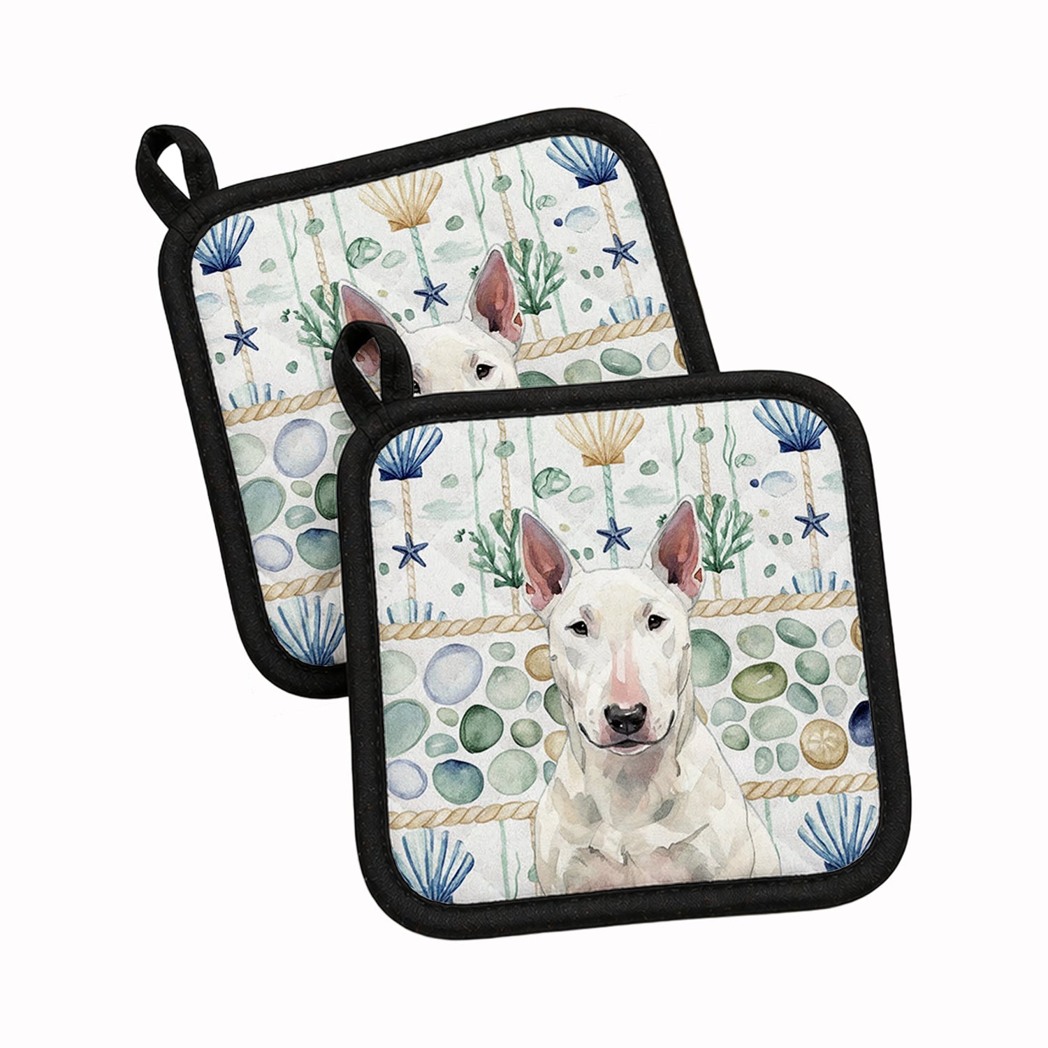 White Bull Terrier Coastal Sea Glass Pot Holder Set of 2 Heat Resistant Quilted Hot Pads 7.5 x 7.5 Inch, Insulated Kitchen Trivets for Cooking & Baking