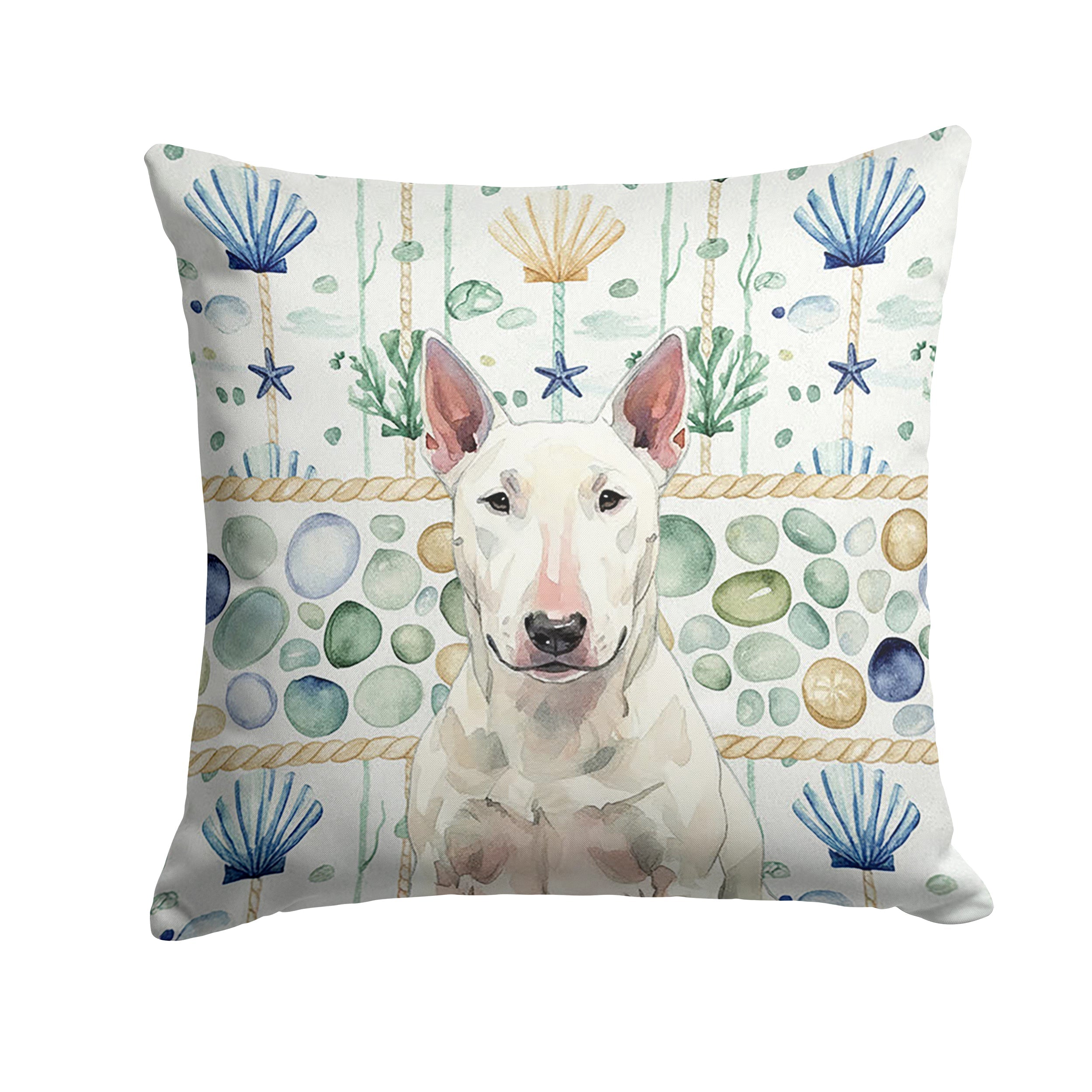White Bull Terrier Coastal Sea Glass Decorative Throw Pillow 14x14 Indoor Outdoor Accent Cushion, Fabric Cover with Insert for Sofa, Bed, Porch & Living Room