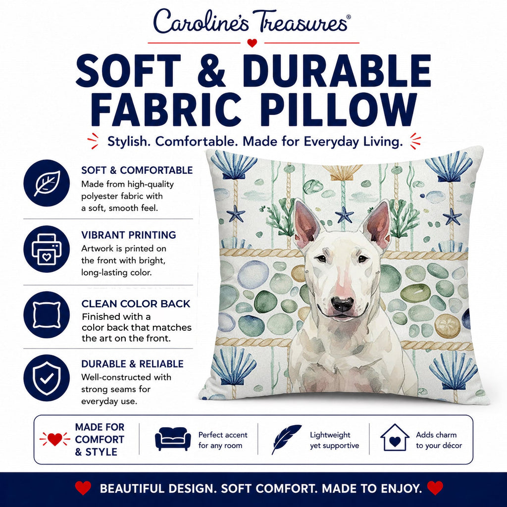 White Bull Terrier Coastal Sea Glass Decorative Throw Pillow 18x18 Indoor Outdoor Accent Cushion, Fabric Cover with Insert for Sofa, Bed, Porch & Living Room