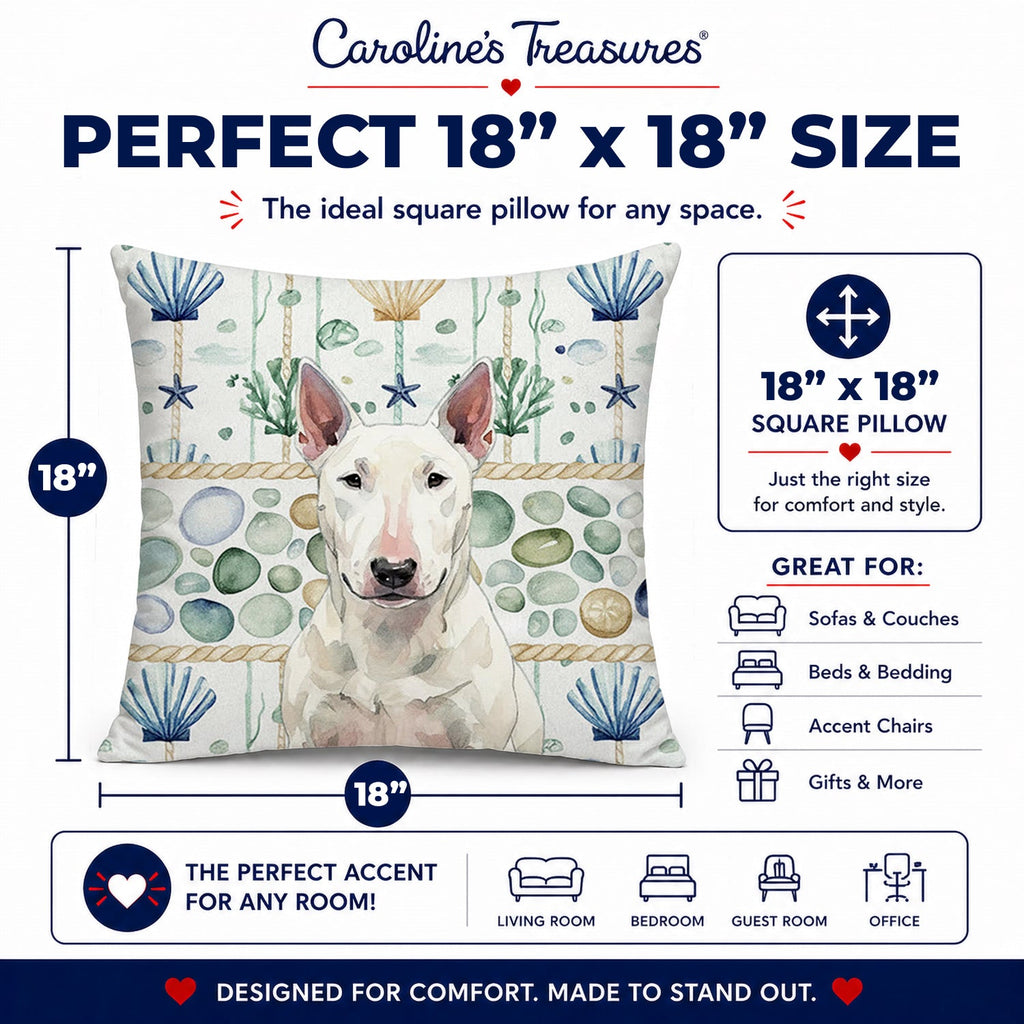 White Bull Terrier Coastal Sea Glass Decorative Throw Pillow 18x18 Indoor Outdoor Accent Cushion, Fabric Cover with Insert for Sofa, Bed, Porch & Living Room