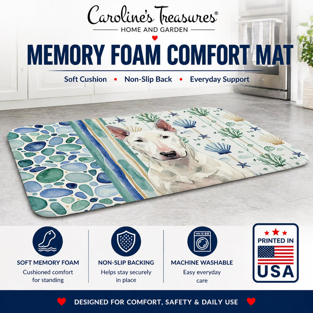 White Bull Terrier Coastal Sea Glass Memory Foam Kitchen Mat Machine Washable Anti-Fatigue Cushion Comfort Bath or Kitchen Rug