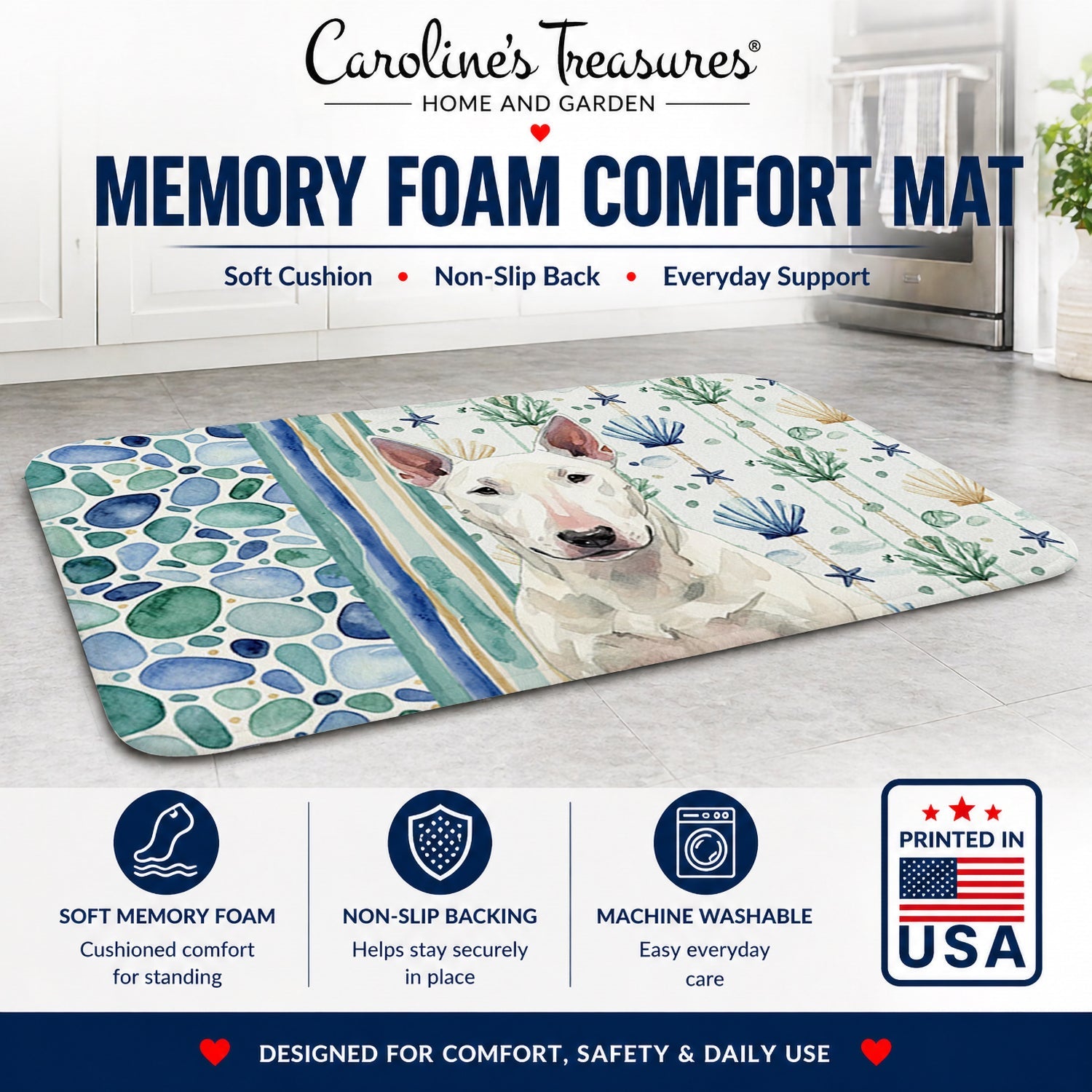 White Bull Terrier Coastal Sea Glass Memory Foam Kitchen Mat Machine Washable Anti-Fatigue Cushion Comfort Bath or Kitchen Rug