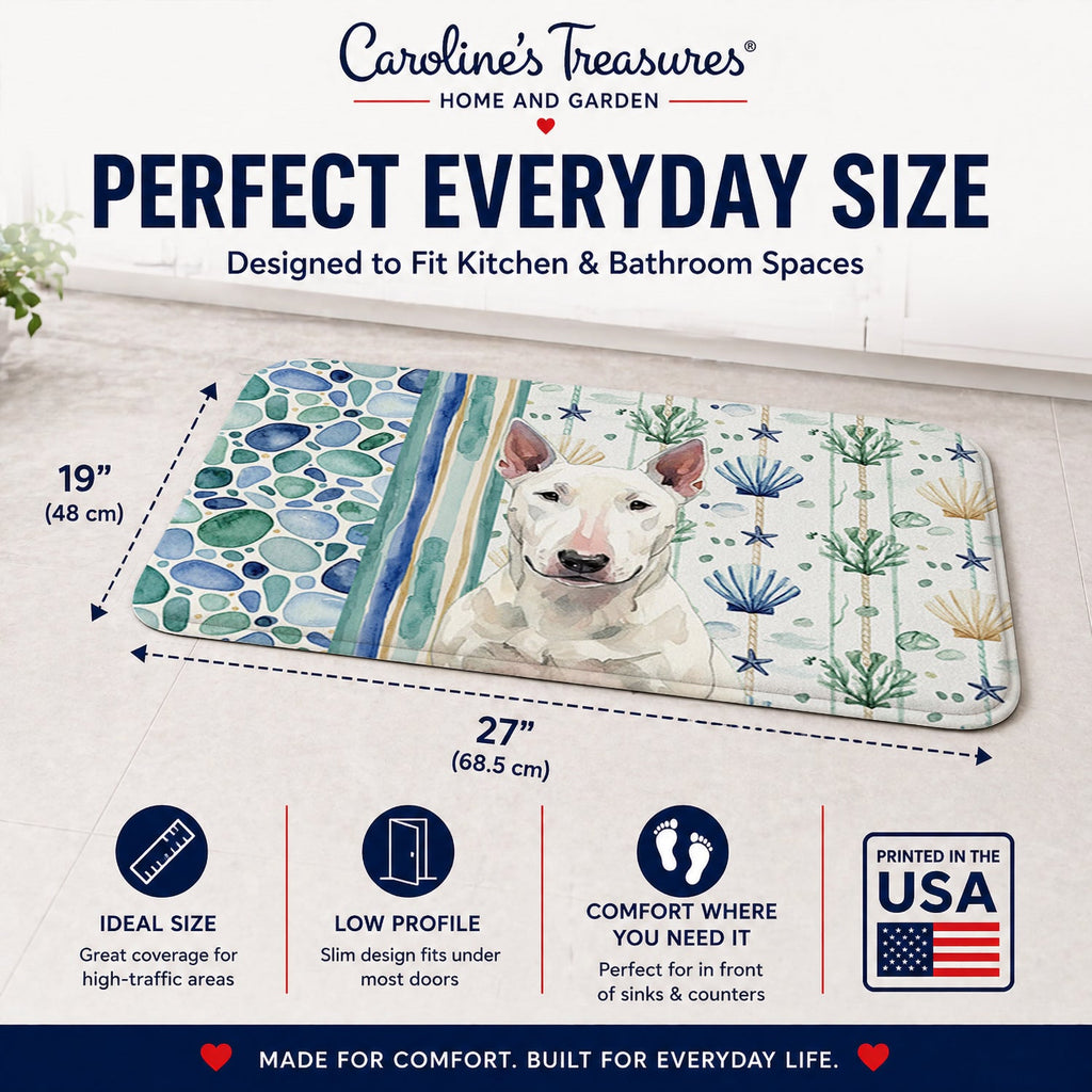 White Bull Terrier Coastal Sea Glass Memory Foam Kitchen Mat Machine Washable Anti-Fatigue Cushion Comfort Bath or Kitchen Rug
