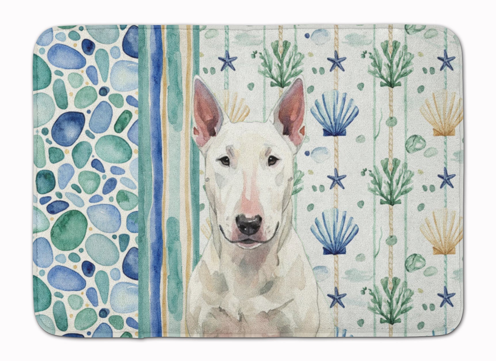 White Bull Terrier Coastal Sea Glass Memory Foam Kitchen Mat Machine Washable Anti-Fatigue Cushion Comfort Bath or Kitchen Rug