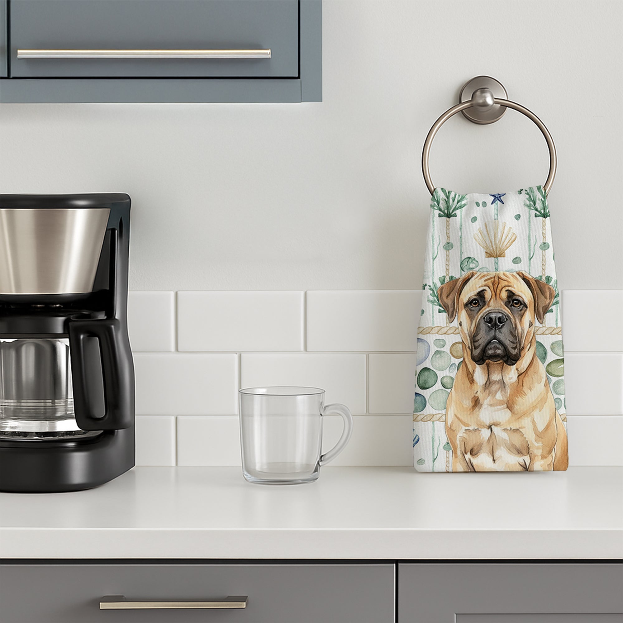 Bullmastiff Coastal Sea Glass Kitchen Towel Velour Plush Front and Cotton Loop Back Machine Washable