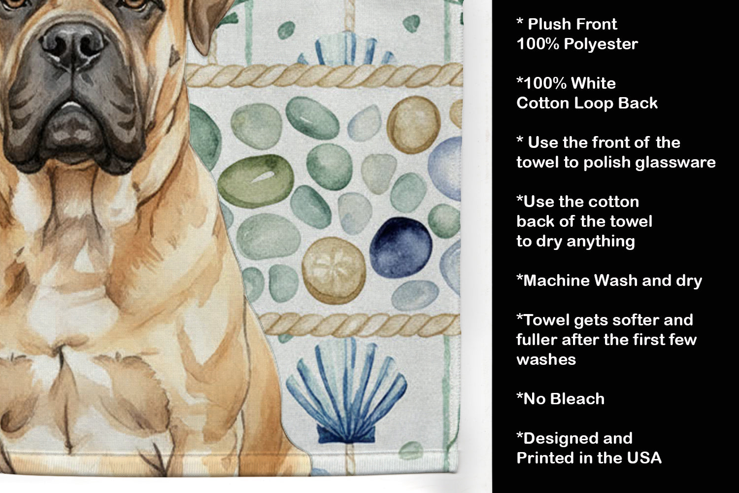 Bullmastiff Coastal Sea Glass Kitchen Towel Velour Plush Front and Cotton Loop Back Machine Washable