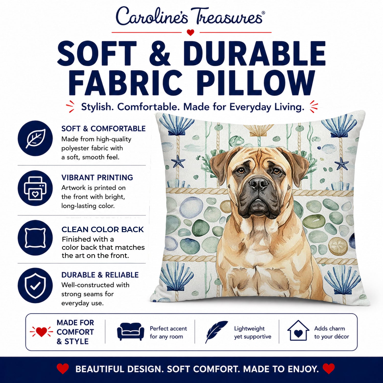 Bullmastiff Coastal Sea Glass Decorative Throw Pillow 14x14 Indoor Outdoor Accent Cushion, Fabric Cover with Insert for Sofa, Bed, Porch & Living Room