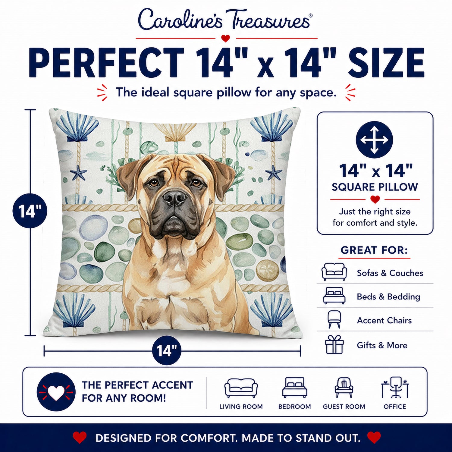 Bullmastiff Coastal Sea Glass Decorative Throw Pillow 14x14 Indoor Outdoor Accent Cushion, Fabric Cover with Insert for Sofa, Bed, Porch & Living Room