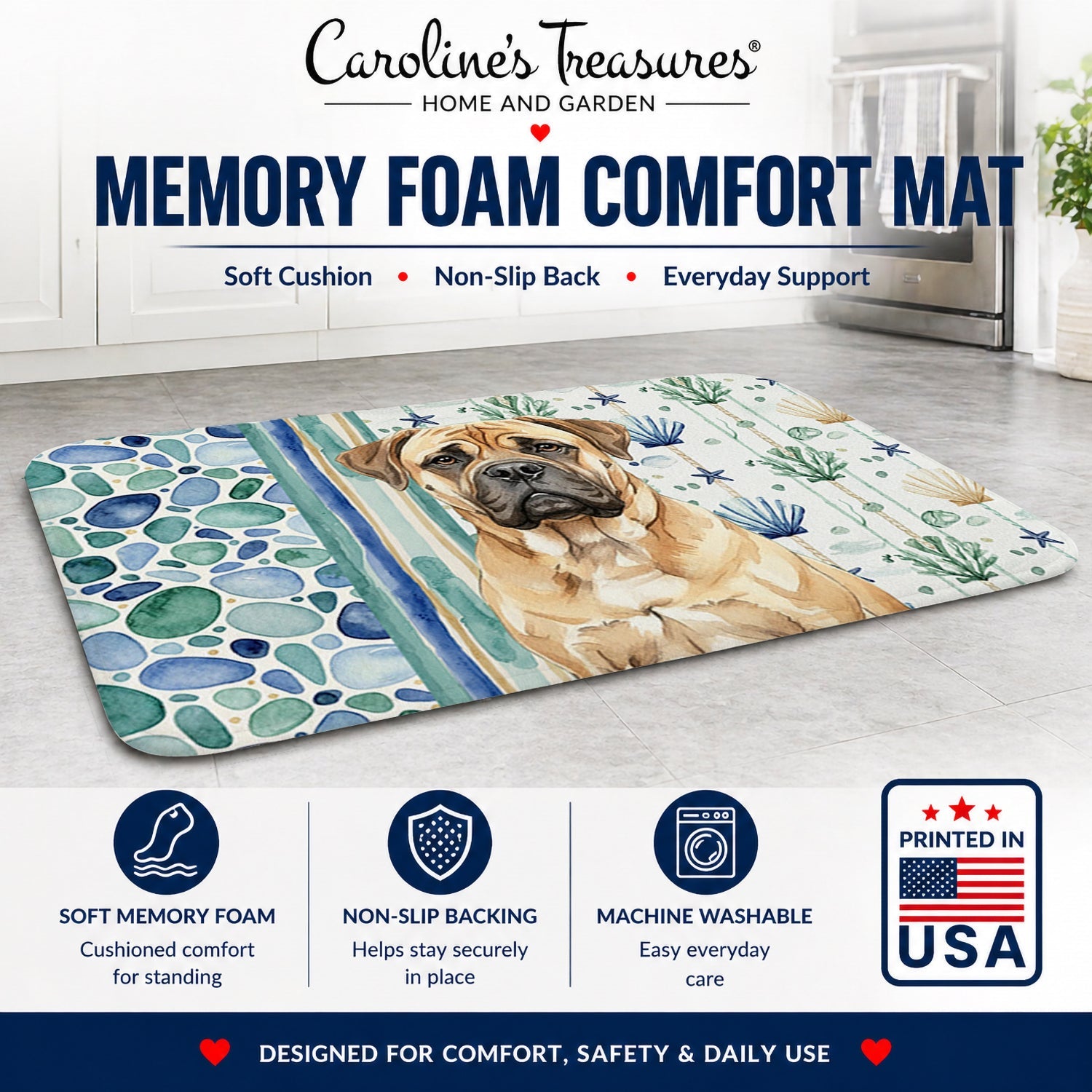 Bullmastiff Coastal Sea Glass Memory Foam Kitchen Mat Machine Washable Anti-Fatigue Cushion Comfort Bath or Kitchen Rug