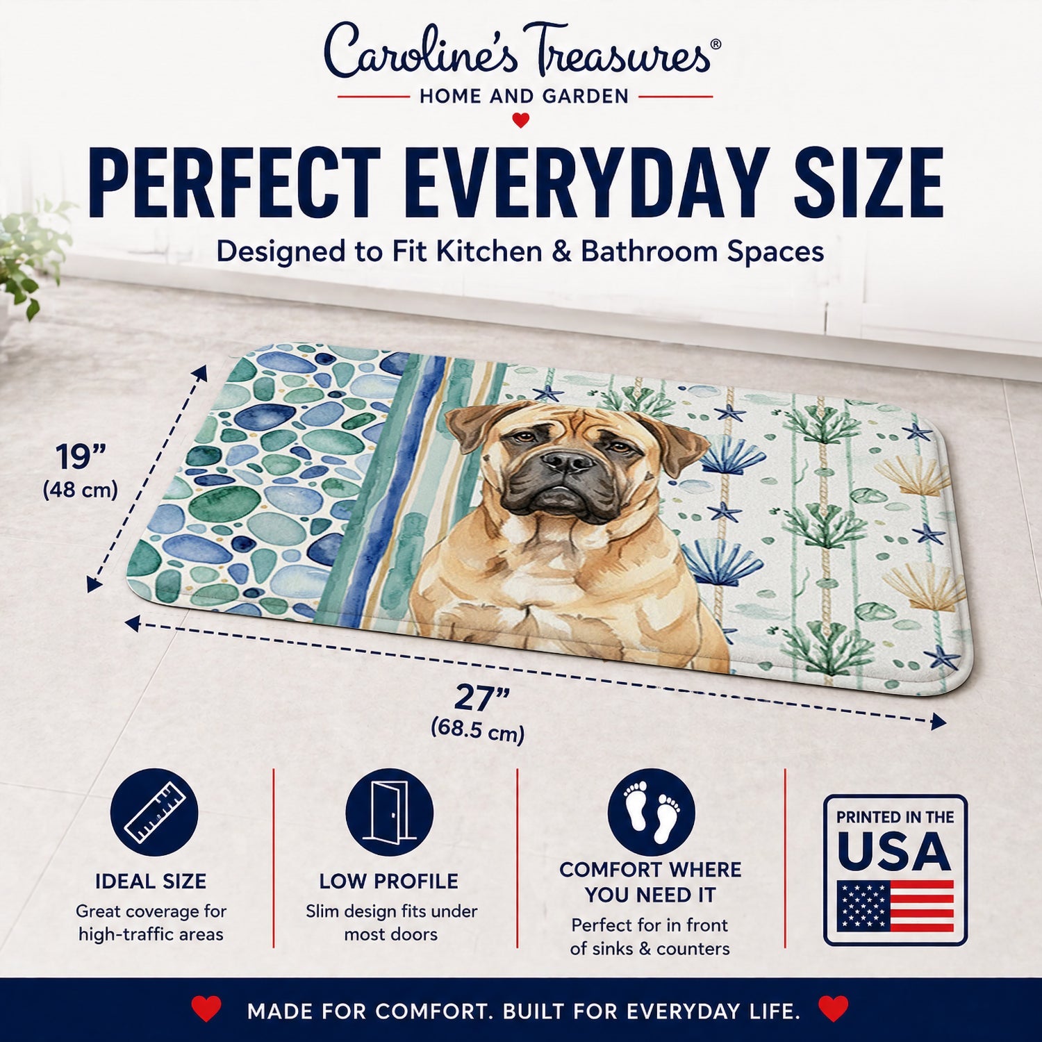 Bullmastiff Coastal Sea Glass Memory Foam Kitchen Mat Machine Washable Anti-Fatigue Cushion Comfort Bath or Kitchen Rug