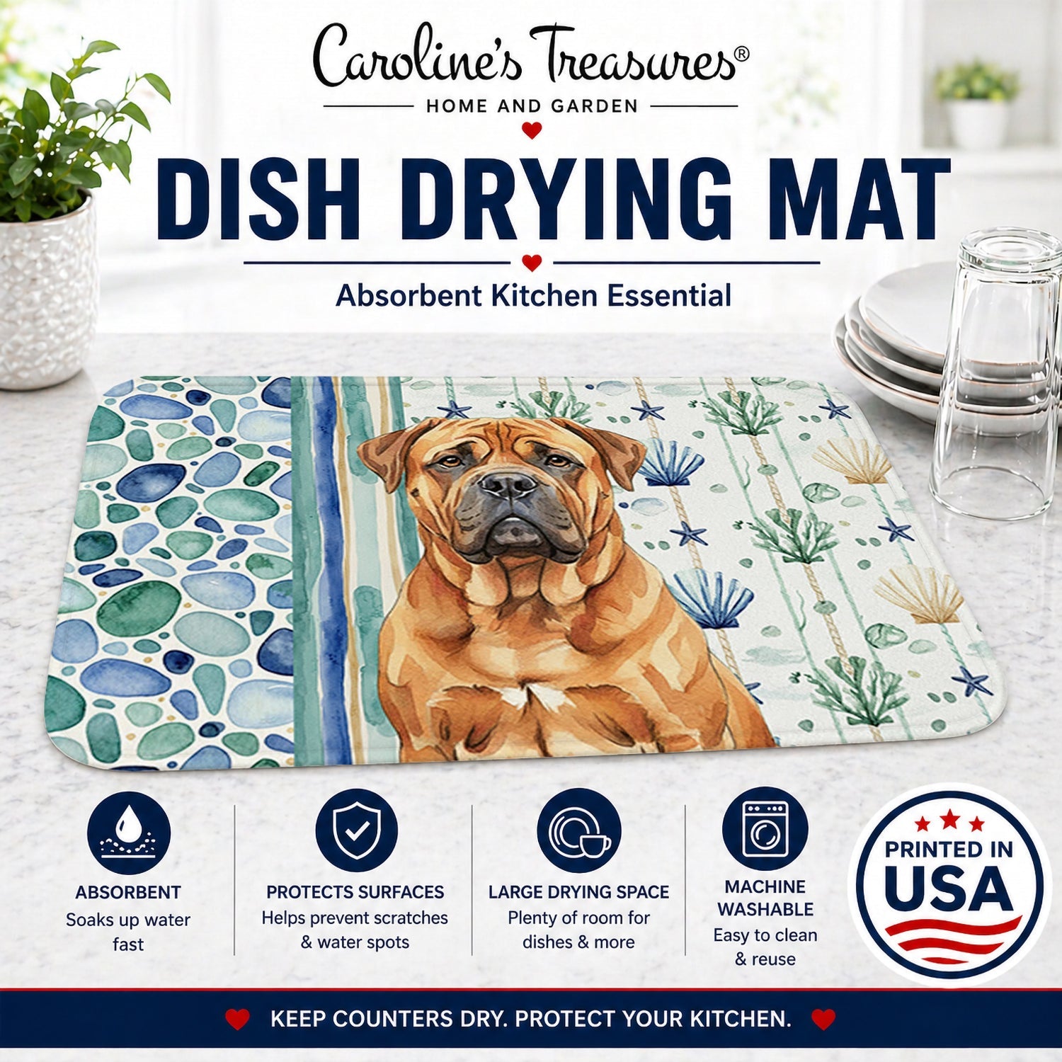 Red Bullmastiff Coastal Sea Glass Dish Drying Mat Absorbent Dish Drying Mat Pad for Kitchen Counter Dish Drainer Mat for Countertop, 14 x 21", Multicolor