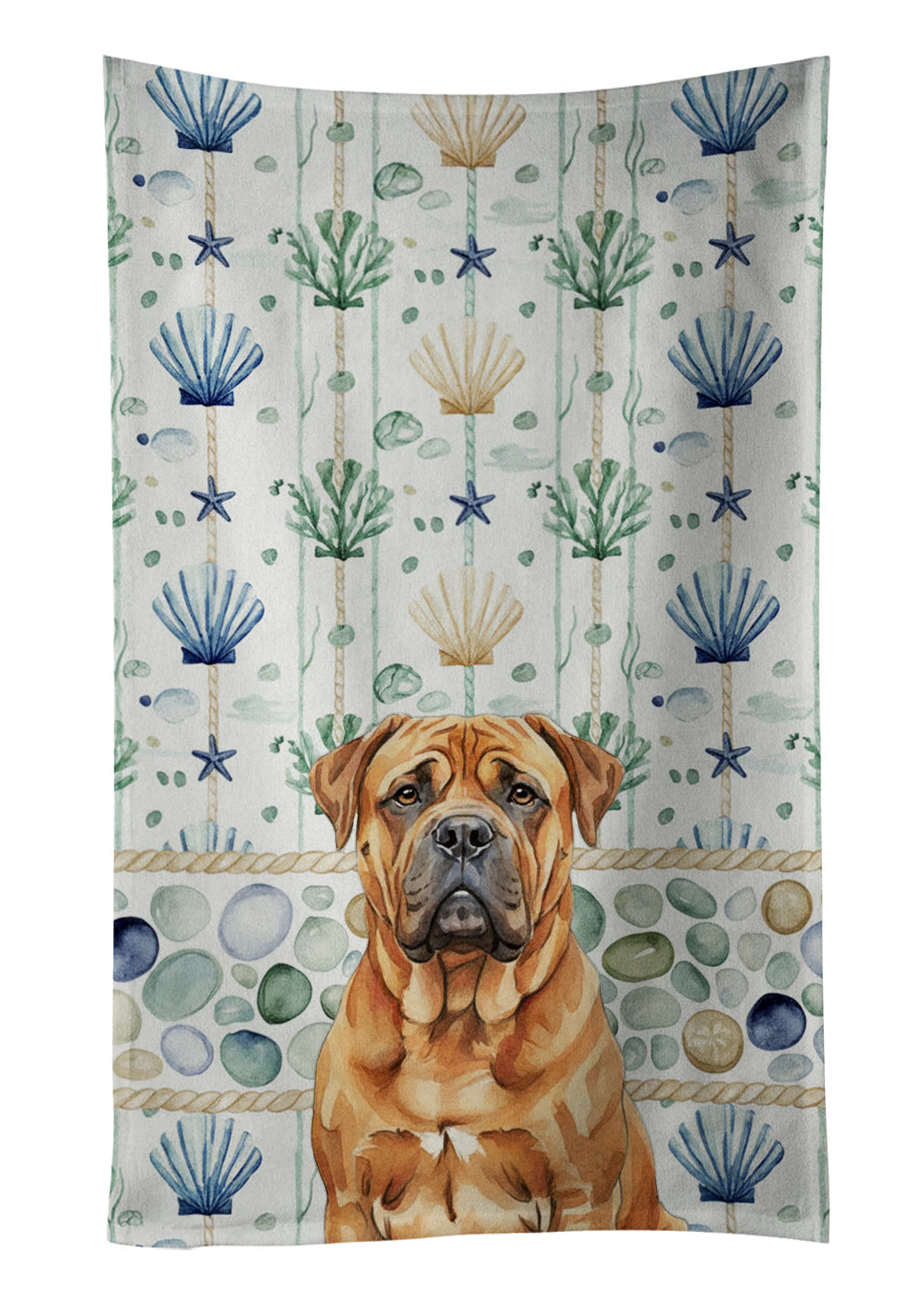 Red Bullmastiff Coastal Sea Glass Kitchen Towel Velour Plush Front and Cotton Loop Back Machine Washable