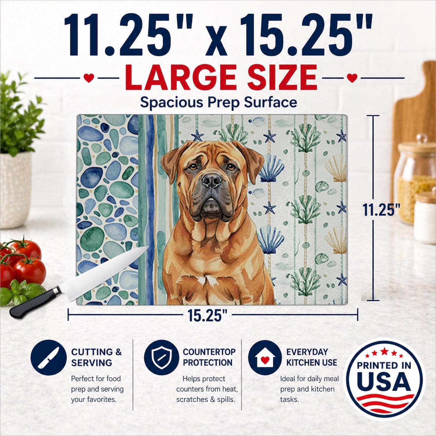 Red Bullmastiff Coastal Sea Glass Cutting Board Tempered Glass Kitchen Cutting Surface, Heat Resistant Chopping, Non-Slip Feet, Food Prep & Serving