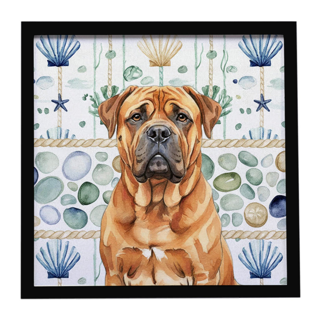 Red Bullmastiff Coastal Sea Glass Framed Metal Print Bathroom, Kitchen, Office, Home Decor Wall Art Ready to Hang, Square, 8X8