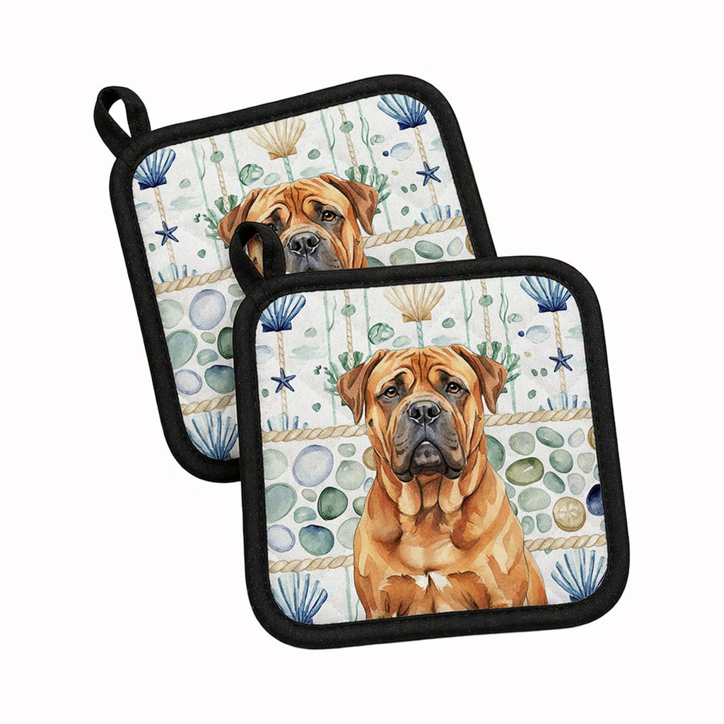 Red Bullmastiff Coastal Sea Glass Pot Holder Set of 2 Heat Resistant Quilted Hot Pads 7.5 x 7.5 Inch, Insulated Kitchen Trivets for Cooking & Baking