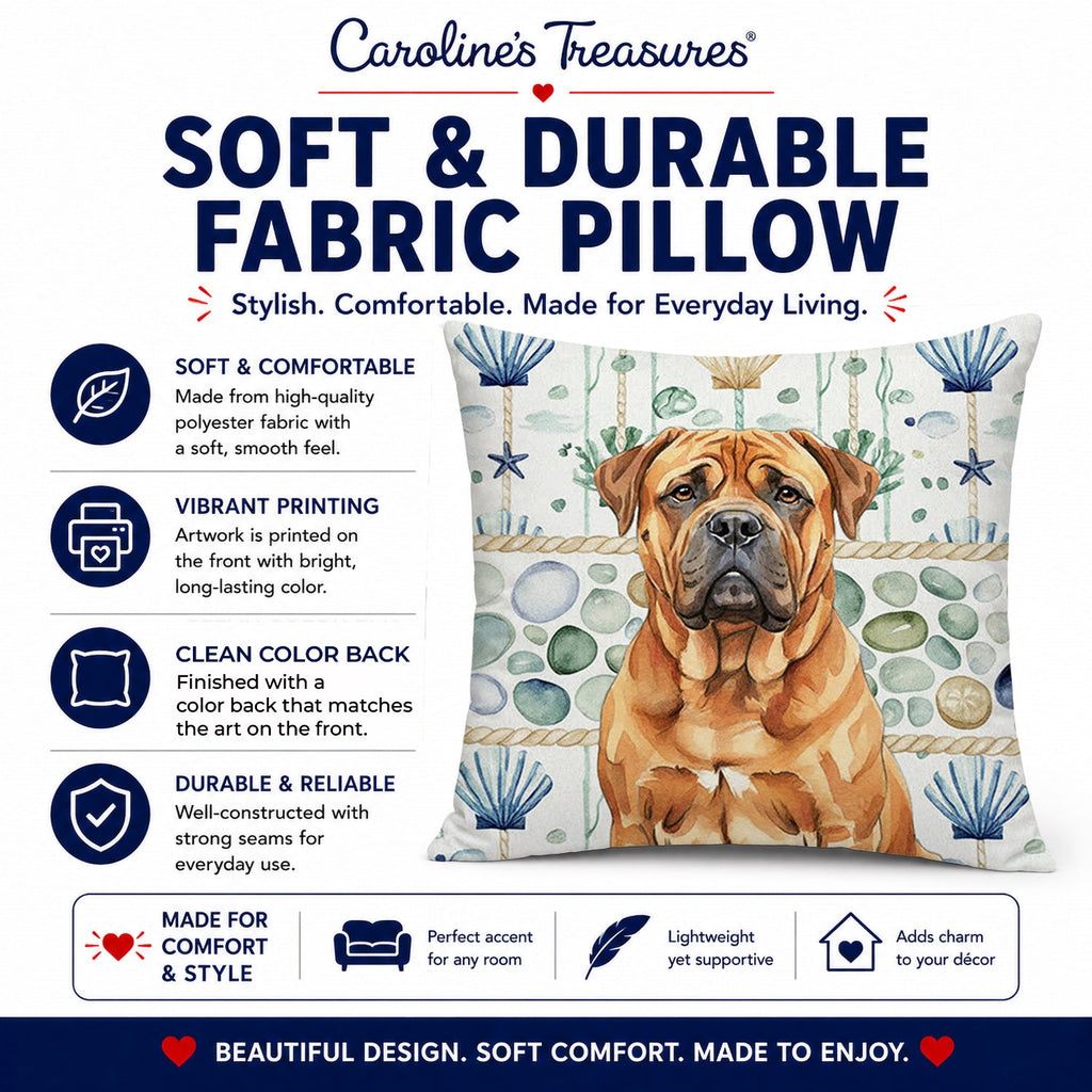 Red Bullmastiff Coastal Sea Glass Decorative Throw Pillow 18x18 Indoor Outdoor Accent Cushion, Fabric Cover with Insert for Sofa, Bed, Porch & Living Room