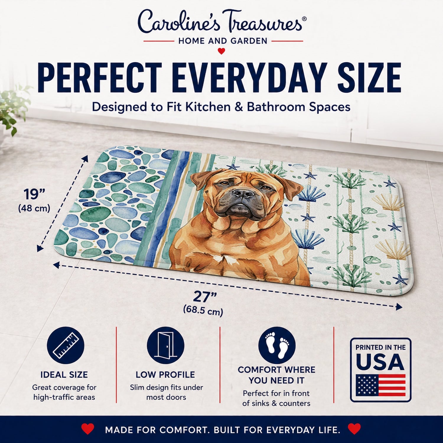 Red Bullmastiff Coastal Sea Glass Memory Foam Kitchen Mat Machine Washable Anti-Fatigue Cushion Comfort Bath or Kitchen Rug