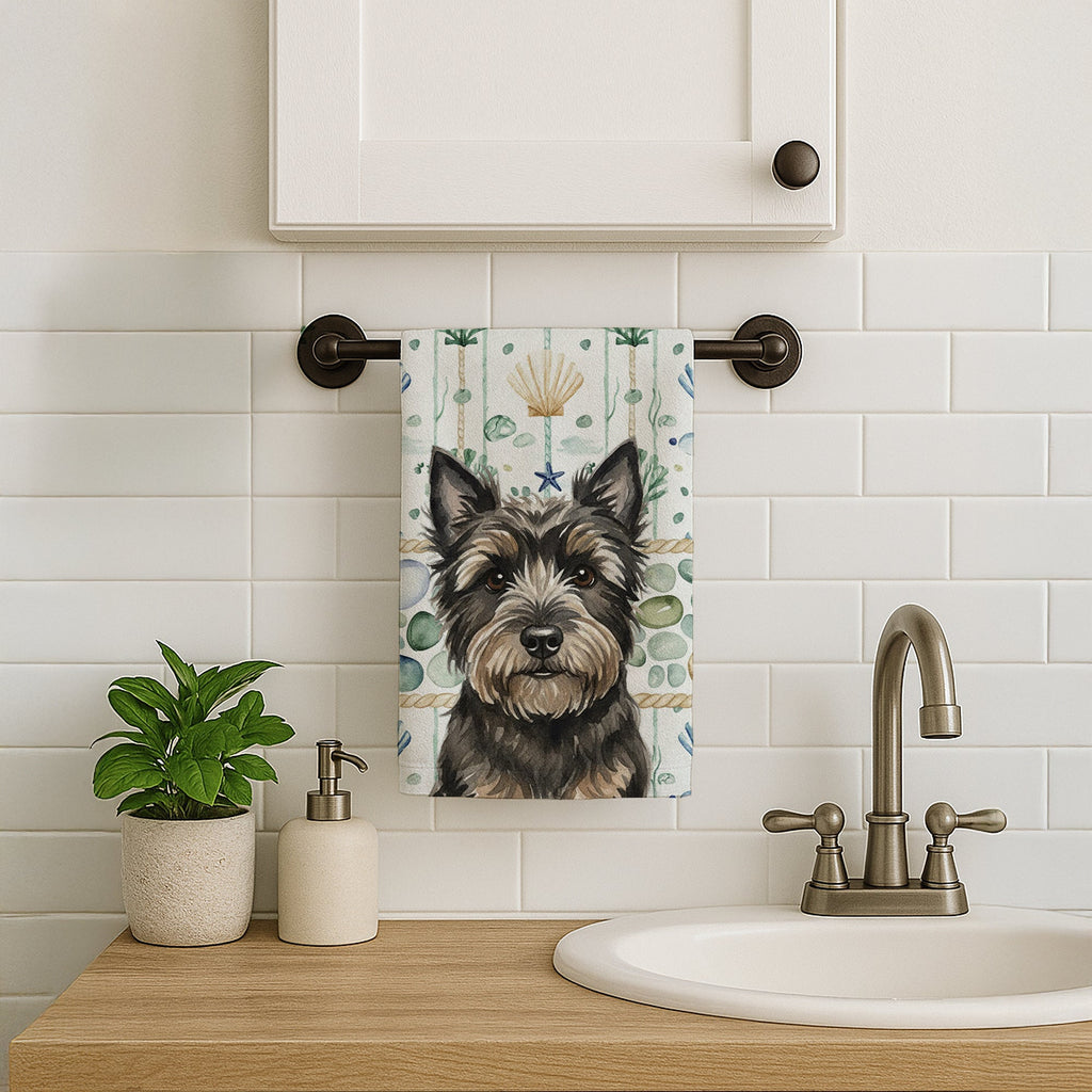 Black Cairn Terrier Coastal Sea Glass Kitchen Towel Velour Plush Front and Cotton Loop Back Machine Washable