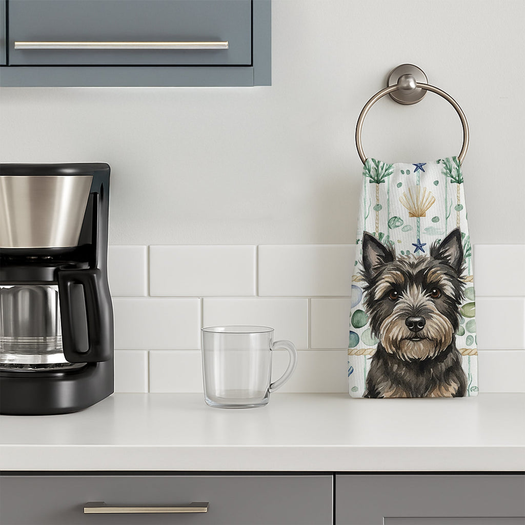 Black Cairn Terrier Coastal Sea Glass Kitchen Towel Velour Plush Front and Cotton Loop Back Machine Washable