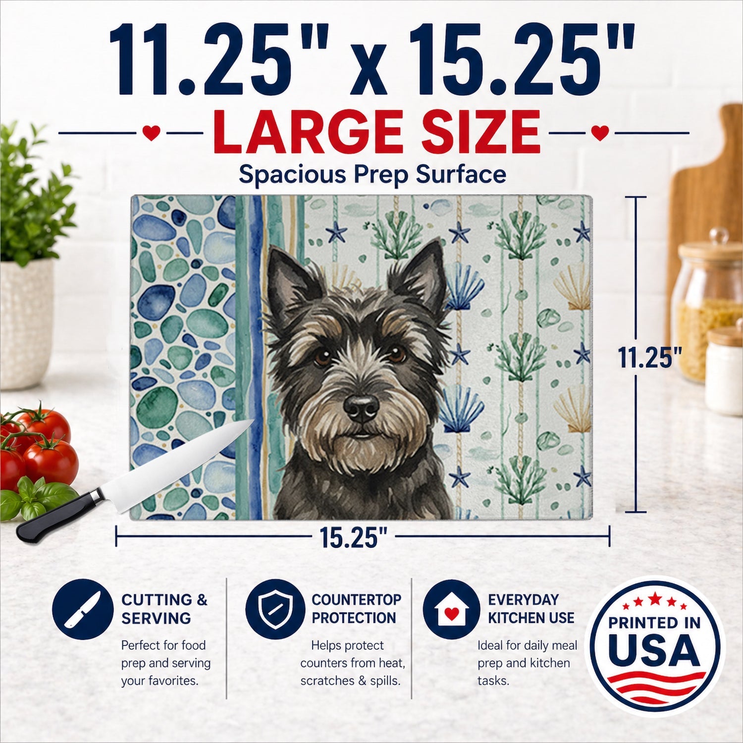Black Cairn Terrier Coastal Sea Glass Cutting Board Tempered Glass Kitchen Cutting Surface, Heat Resistant Chopping, Non-Slip Feet, Food Prep & Serving