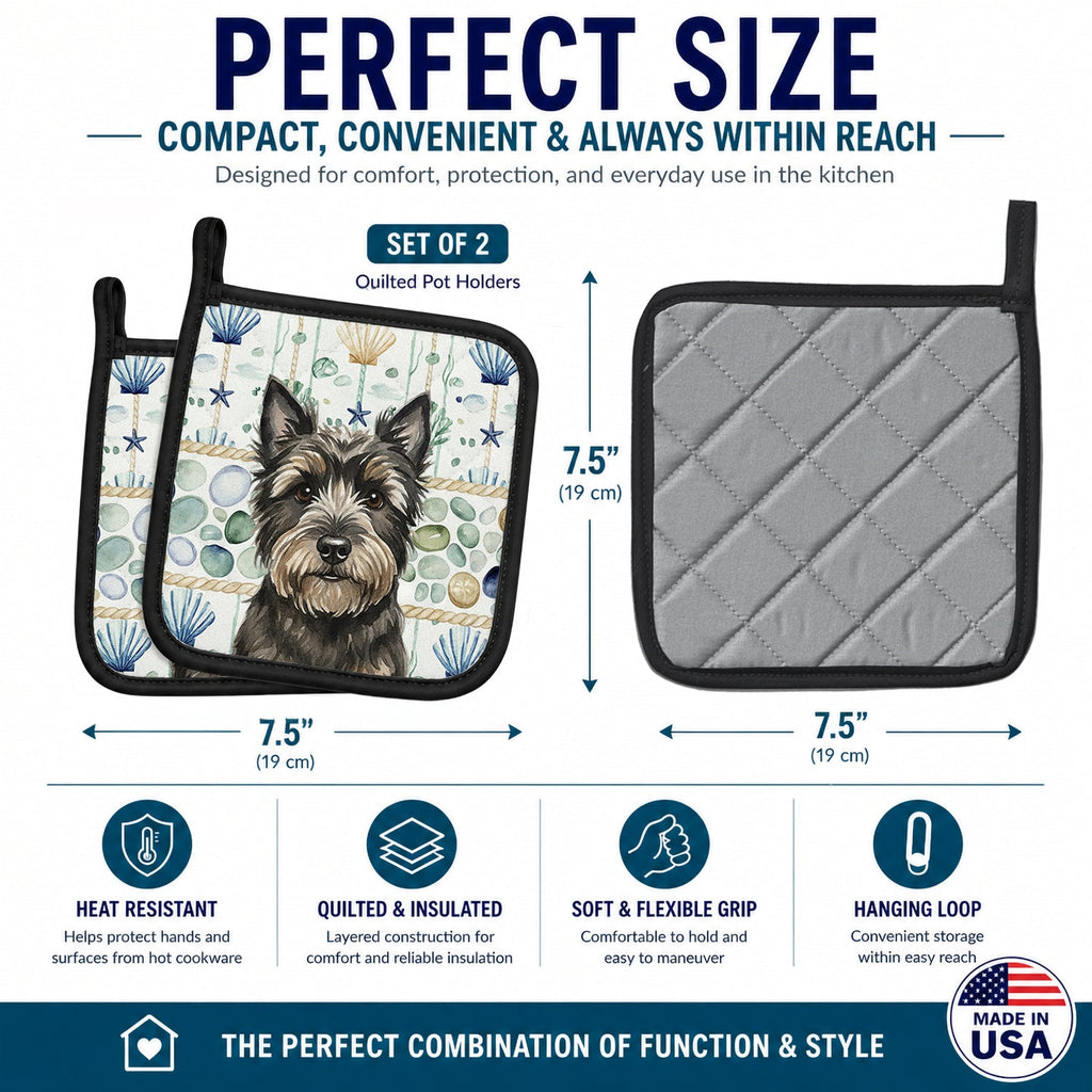 Black Cairn Terrier Coastal Sea Glass Pot Holder Set of 2 Heat Resistant Quilted Hot Pads 7.5 x 7.5 Inch, Insulated Kitchen Trivets for Cooking & Baking