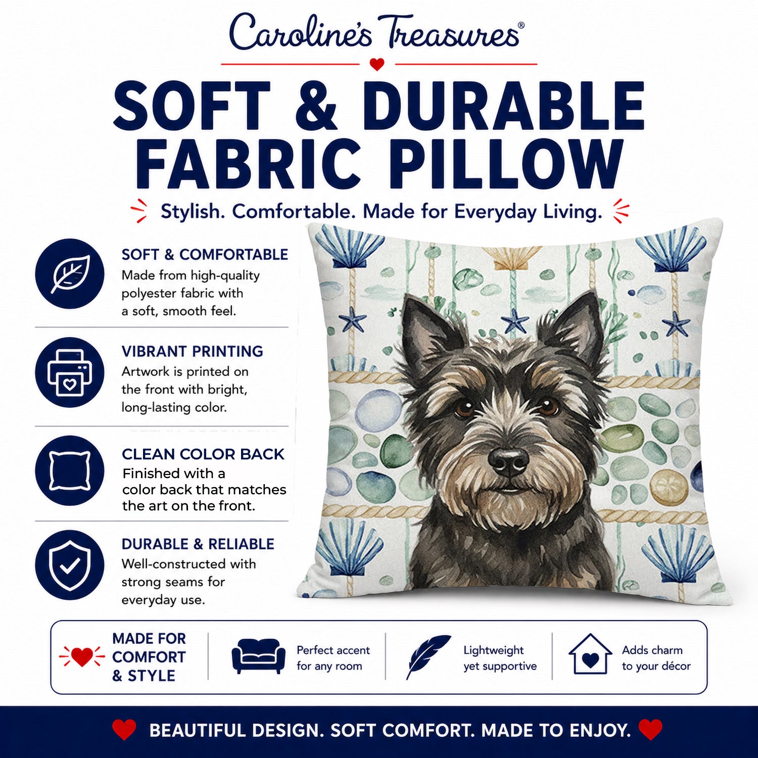 Black Cairn Terrier Coastal Sea Glass Decorative Throw Pillow 14x14 Indoor Outdoor Accent Cushion, Fabric Cover with Insert for Sofa, Bed, Porch & Living Room