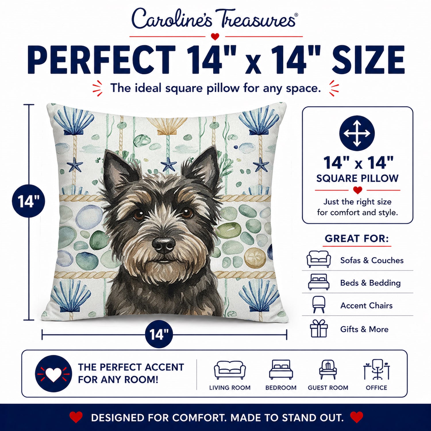 Black Cairn Terrier Coastal Sea Glass Decorative Throw Pillow 14x14 Indoor Outdoor Accent Cushion, Fabric Cover with Insert for Sofa, Bed, Porch & Living Room