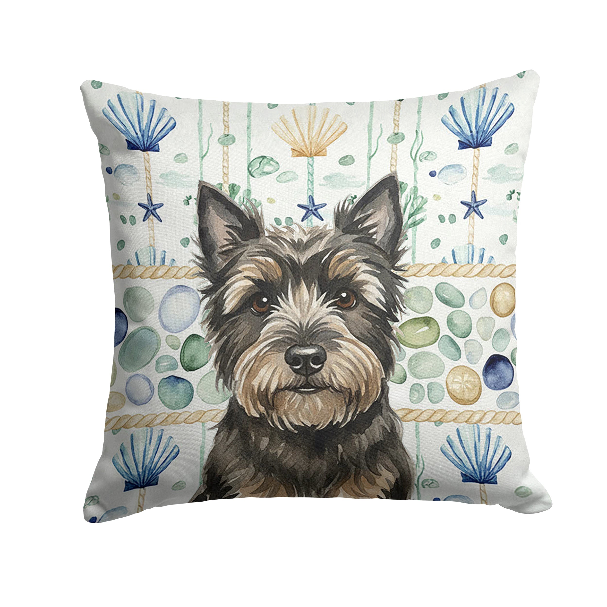 Black Cairn Terrier Coastal Sea Glass Decorative Throw Pillow 14x14 Indoor Outdoor Accent Cushion, Fabric Cover with Insert for Sofa, Bed, Porch & Living Room