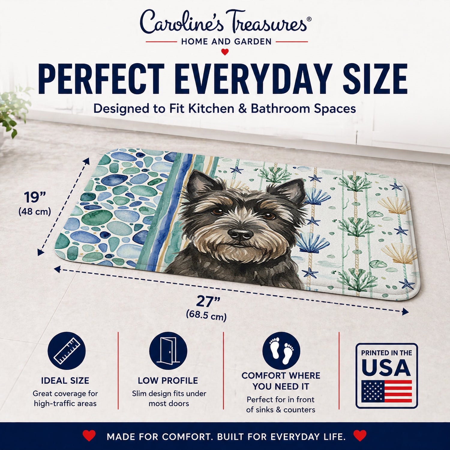 Black Cairn Terrier Coastal Sea Glass Memory Foam Kitchen Mat Machine Washable Anti-Fatigue Cushion Comfort Bath or Kitchen Rug