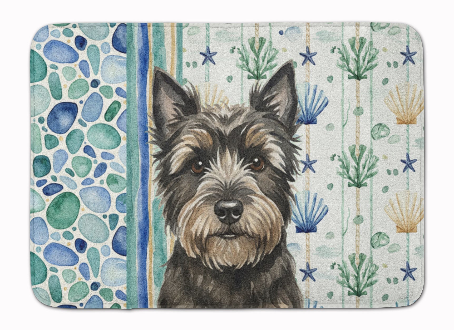 Black Cairn Terrier Coastal Sea Glass Memory Foam Kitchen Mat Machine Washable Anti-Fatigue Cushion Comfort Bath or Kitchen Rug