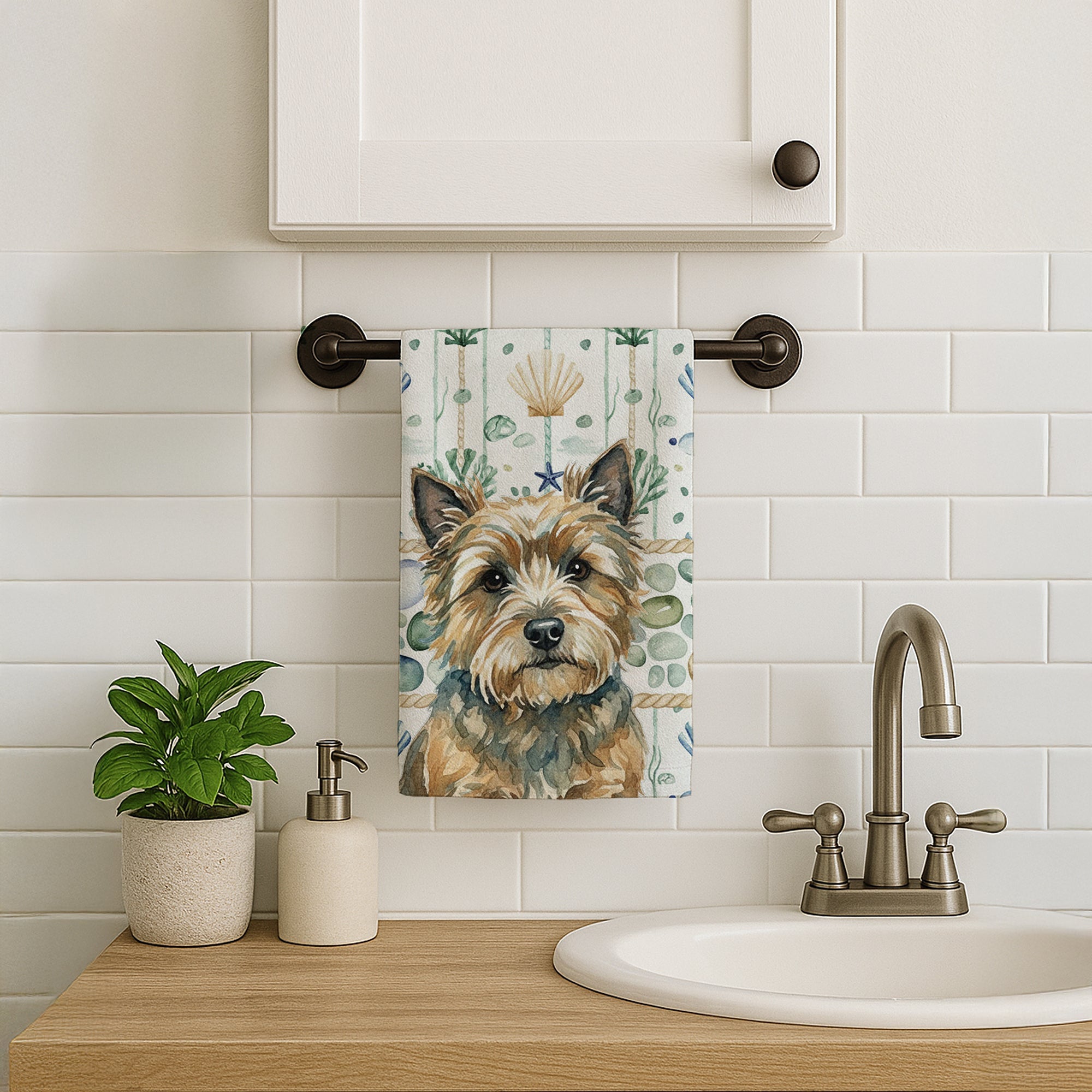 Cairn Terrier Coastal Sea Glass Kitchen Towel Velour Plush Front and Cotton Loop Back Machine Washable