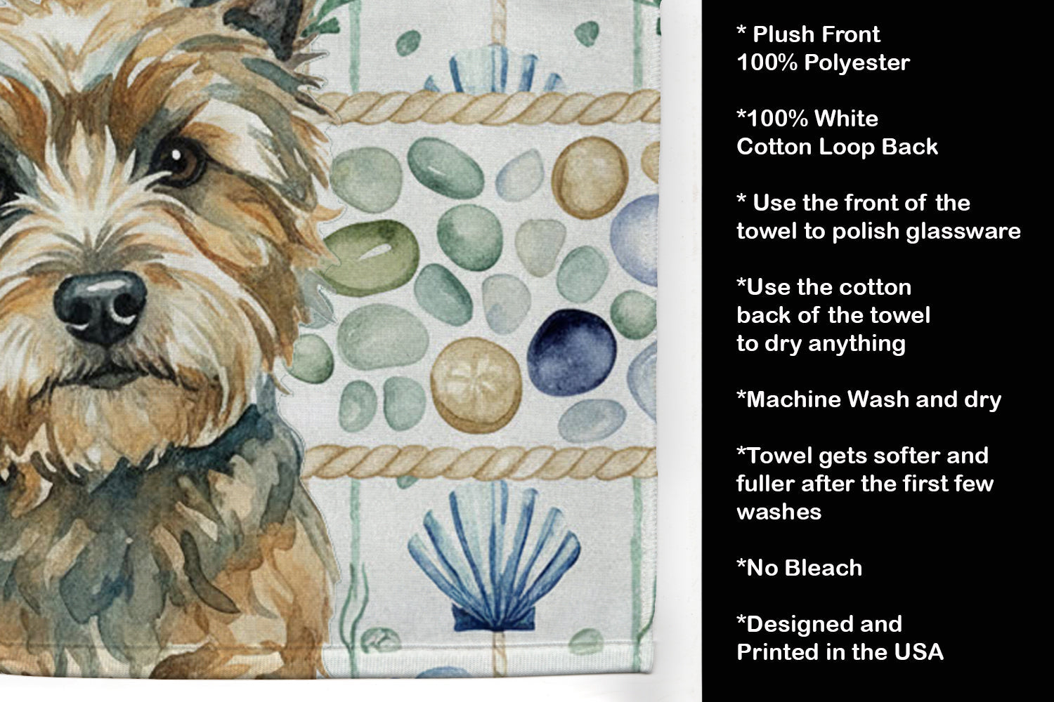 Cairn Terrier Coastal Sea Glass Kitchen Towel Velour Plush Front and Cotton Loop Back Machine Washable