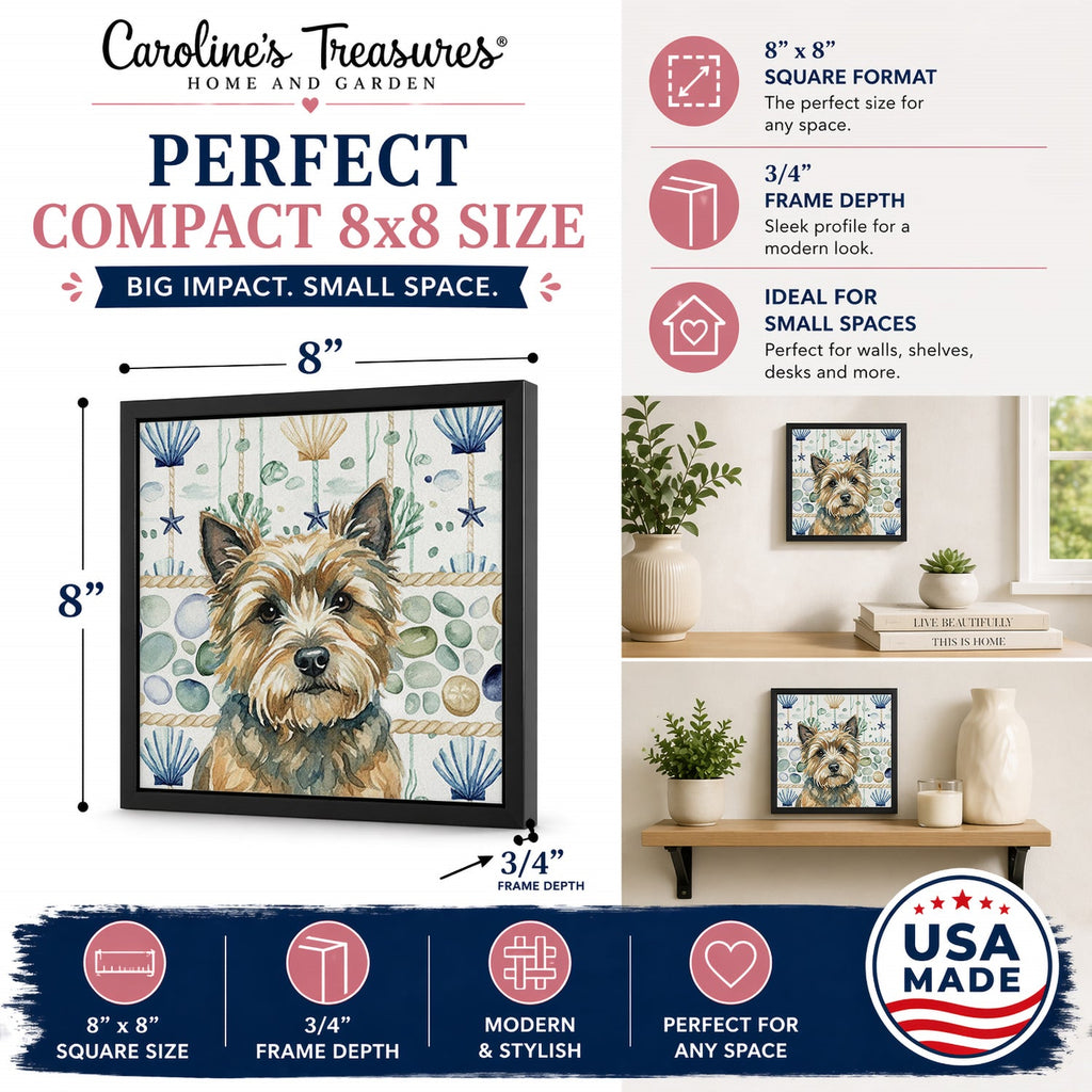 Cairn Terrier Coastal Sea Glass Framed Metal Print Bathroom, Kitchen, Office, Home Decor Wall Art Ready to Hang, Square, 8X8