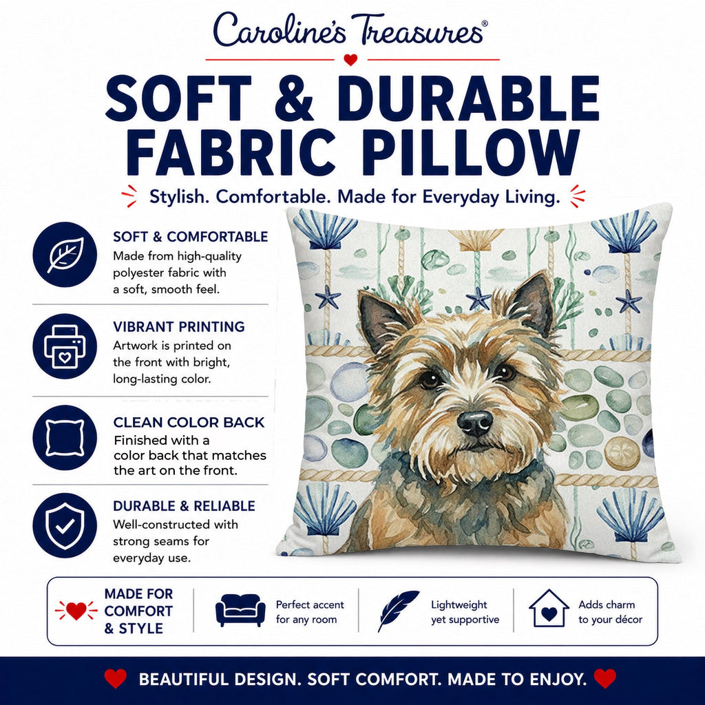 Cairn Terrier Coastal Sea Glass Decorative Throw Pillow 14x14 Indoor Outdoor Accent Cushion, Fabric Cover with Insert for Sofa, Bed, Porch & Living Room