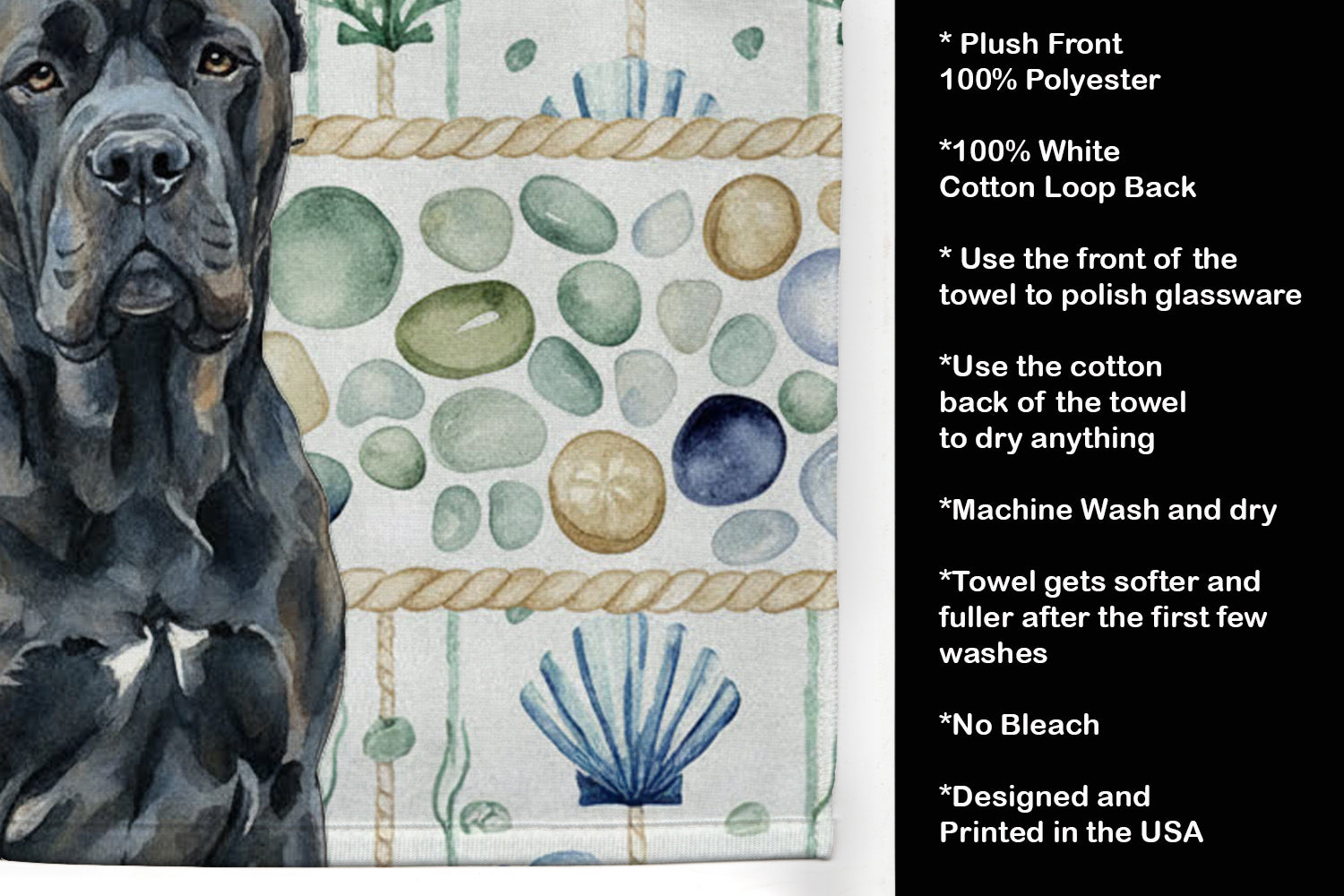 Cane Corso Coastal Sea Glass Kitchen Towel Velour Plush Front and Cotton Loop Back Machine Washable