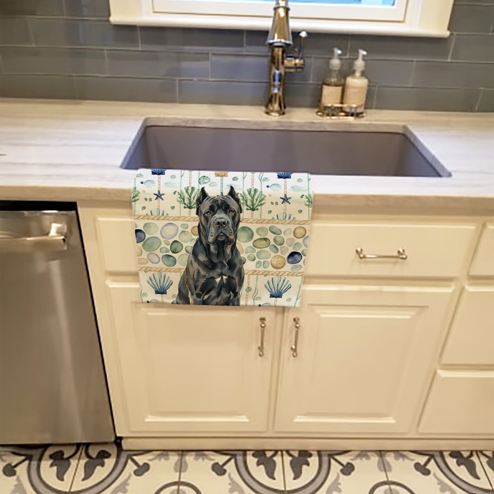 Cane Corso Coastal Sea Glass Kitchen Towel Velour Plush Front and Cotton Loop Back Machine Washable