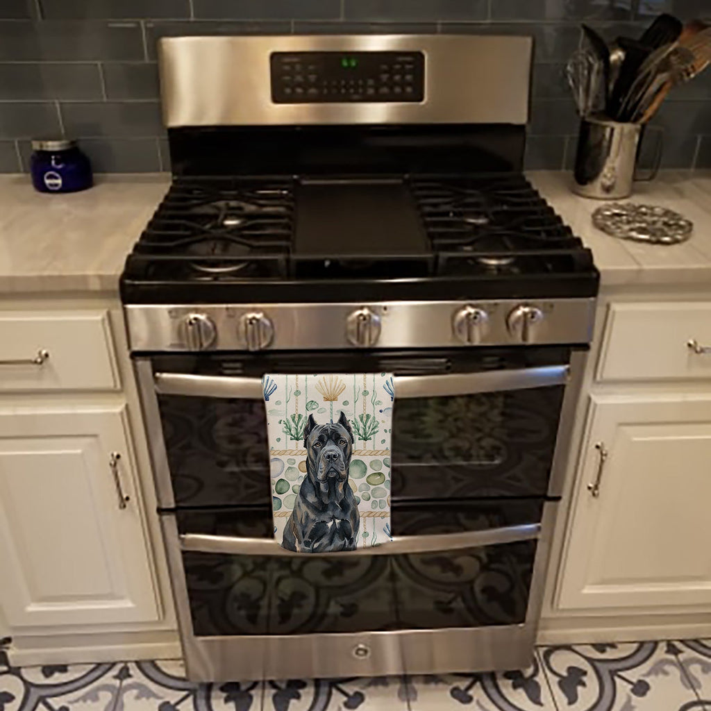 Cane Corso Coastal Sea Glass Kitchen Towel Velour Plush Front and Cotton Loop Back Machine Washable