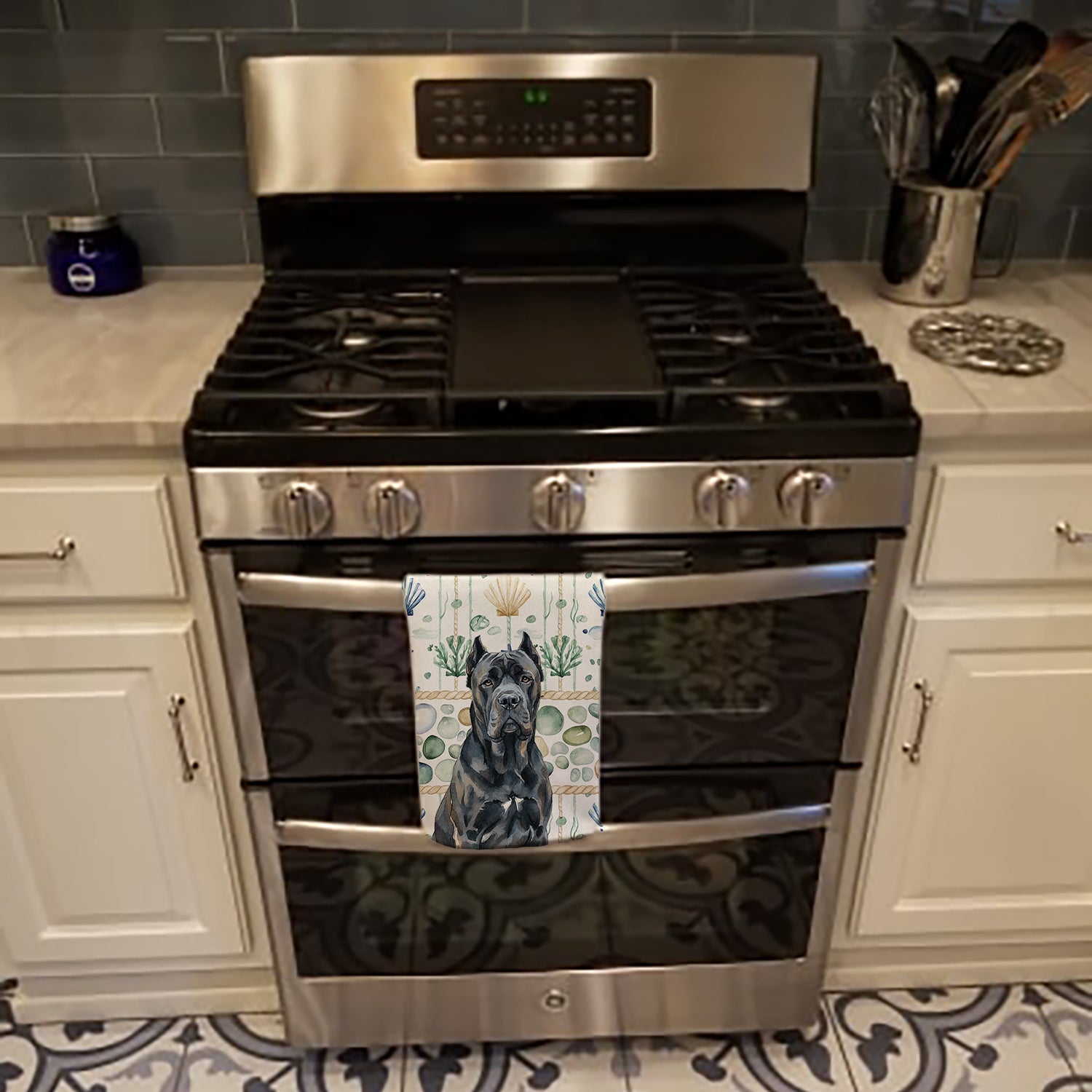 Cane Corso Coastal Sea Glass Kitchen Towel Velour Plush Front and Cotton Loop Back Machine Washable